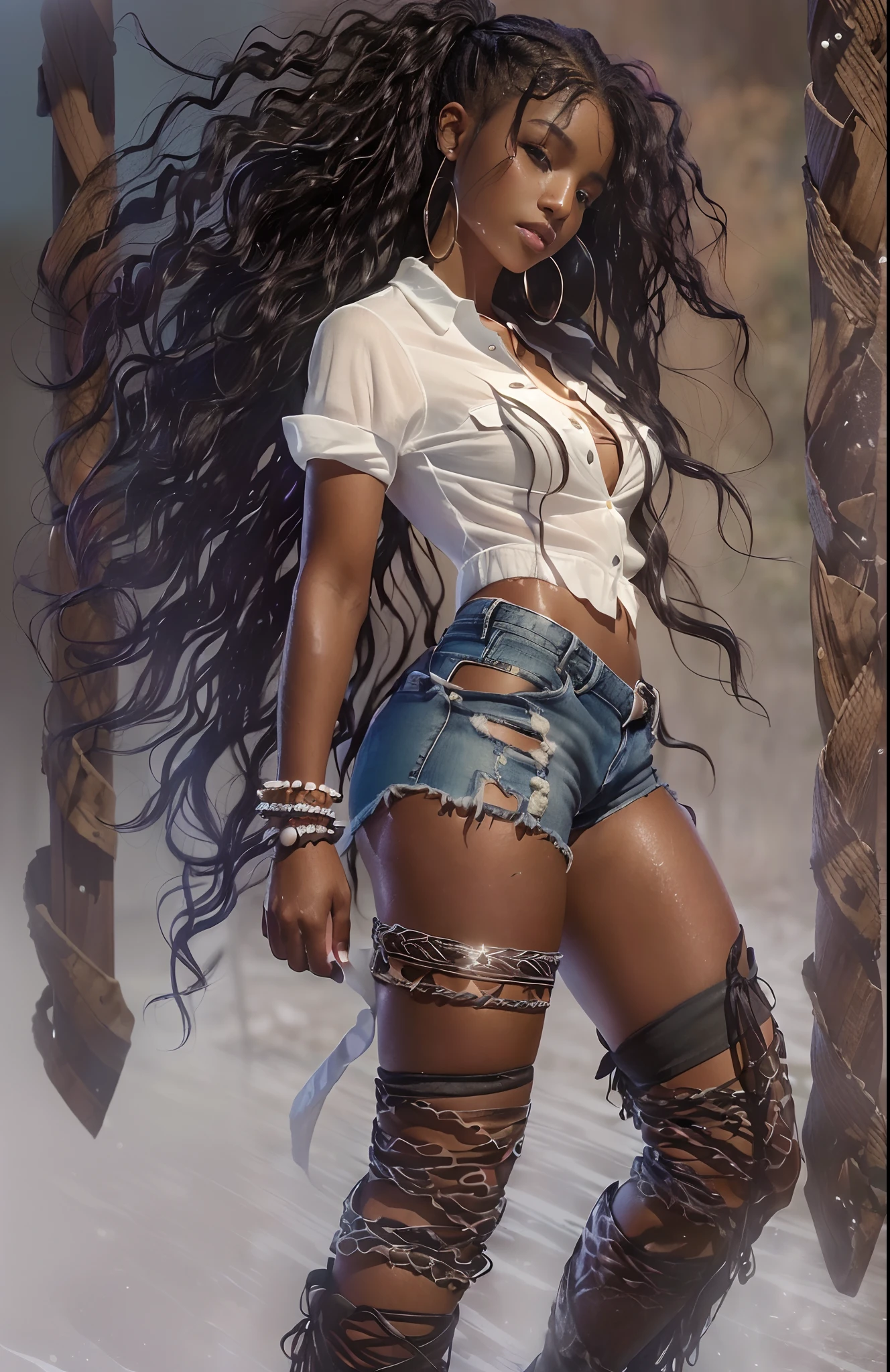 ((21-year-old))) black girl, (((light skin))),  (((close-up full body pose))),  (((long wavy black hair))), (((ripped silk thigh highs with skimpy shorts))), (((wearing daisy-duke shorts, white shirt, unbuttoned half way, cowboy boots))), african tribal tattoo sleeve, dark fantasy art, Rich, Deep Colours, (intricate details:0.9), (HDR, hyper-detailing:1.2), (natural skin textures, hyper realisitc, wet skin, soft light, Sharp),