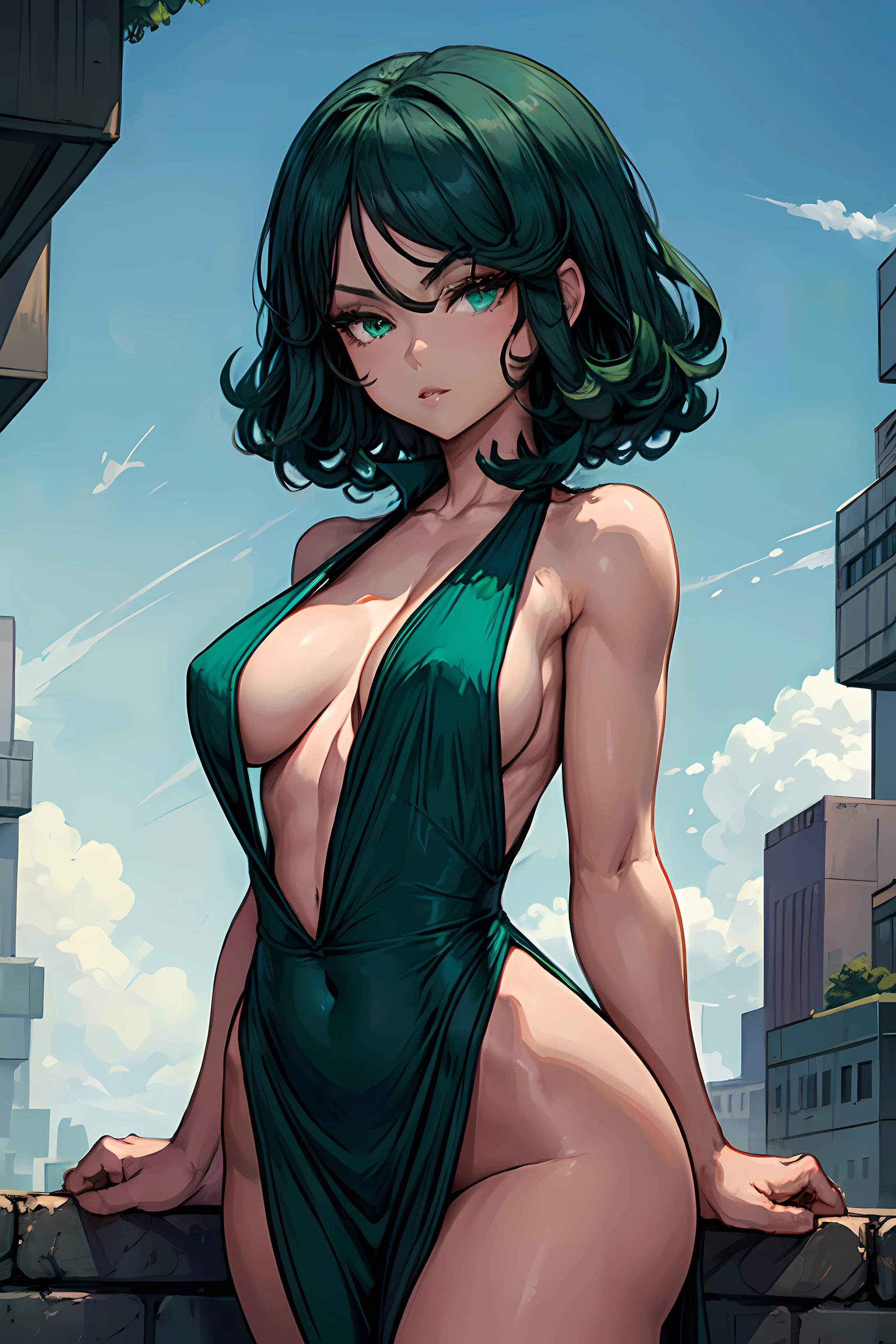 (masterpiece, best quality, perfect hourglass figure, wide waist, blush), busty, portrait, perfect face, flawless eyes, empty gradient background, beautiful lips, full lips, (arms behind back), perfect waist, cowboy shot, perfect hips, green eyes, medium breasts, saggy breasts, green hair, short hair, tatsumaki, slight smile, (uncovered navel), groin, jeweled metal bikini, cascading long hair, wearing green deep_v-neck_dress, exposed womb, underboob, looking at viewer, sleeveless, center opening,