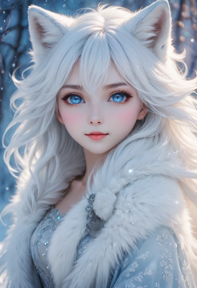 polar white fox girl:anime style,beautiful detailed eyes and lips,long white platinum hair,fluffy fur,strikingly realistic,sparkling blue eyes,light blue and white color palette,soft and warm lighting,hint of winter atmosphere,ethereal and serene,cool winter breeze,delicate snowflakes dancing around her,captivating and charming expression,playful and mischievous smile,lively and expressive pose,vibrant and lifelike fur texture,scenic snowy background,subtle hints of aurora borealis,enchanting and magical vibe,ultra-detailed rendering,high resolution masterpiece,adorable and captivating character,expressive and soulful eyes,ethereal and serene presence.