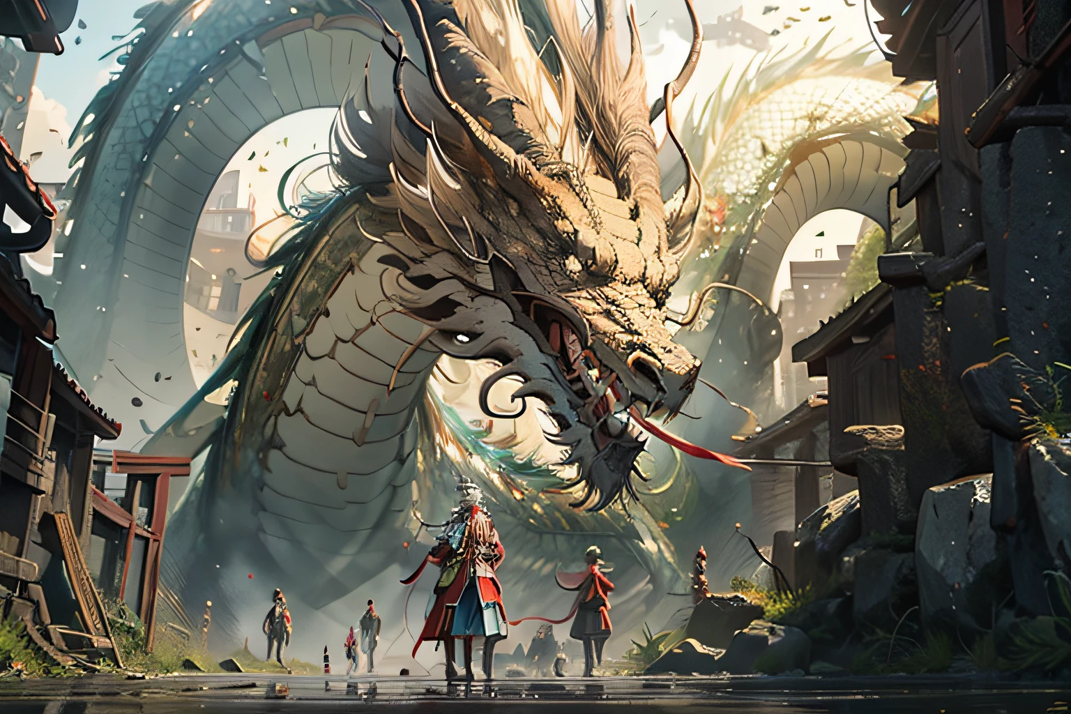Dragons and people，Cool fighting，hyper-high detail，Subtle and detailed picture，A high resolution，High Picture Quality，HRD，4K，Render Chinese red，