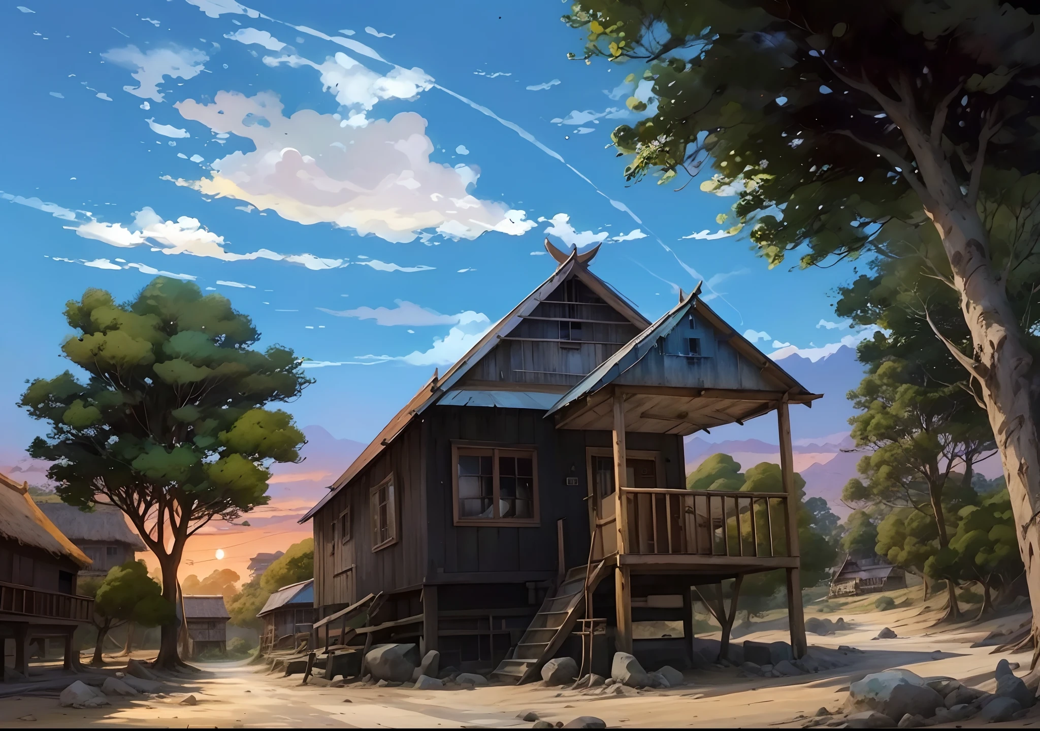 painting of a small cabin in the middle of a dirt road, style of makoto shinkai, indonesia traditional house, sunda house, painted in anime painter studio, anime countryside landscape, inspired by Makoto Shinkai, anime scenery concept art, made with anime painter studio, anime yuru camp, anime background art, ( ( makoto shinkai ) ), yuru camp