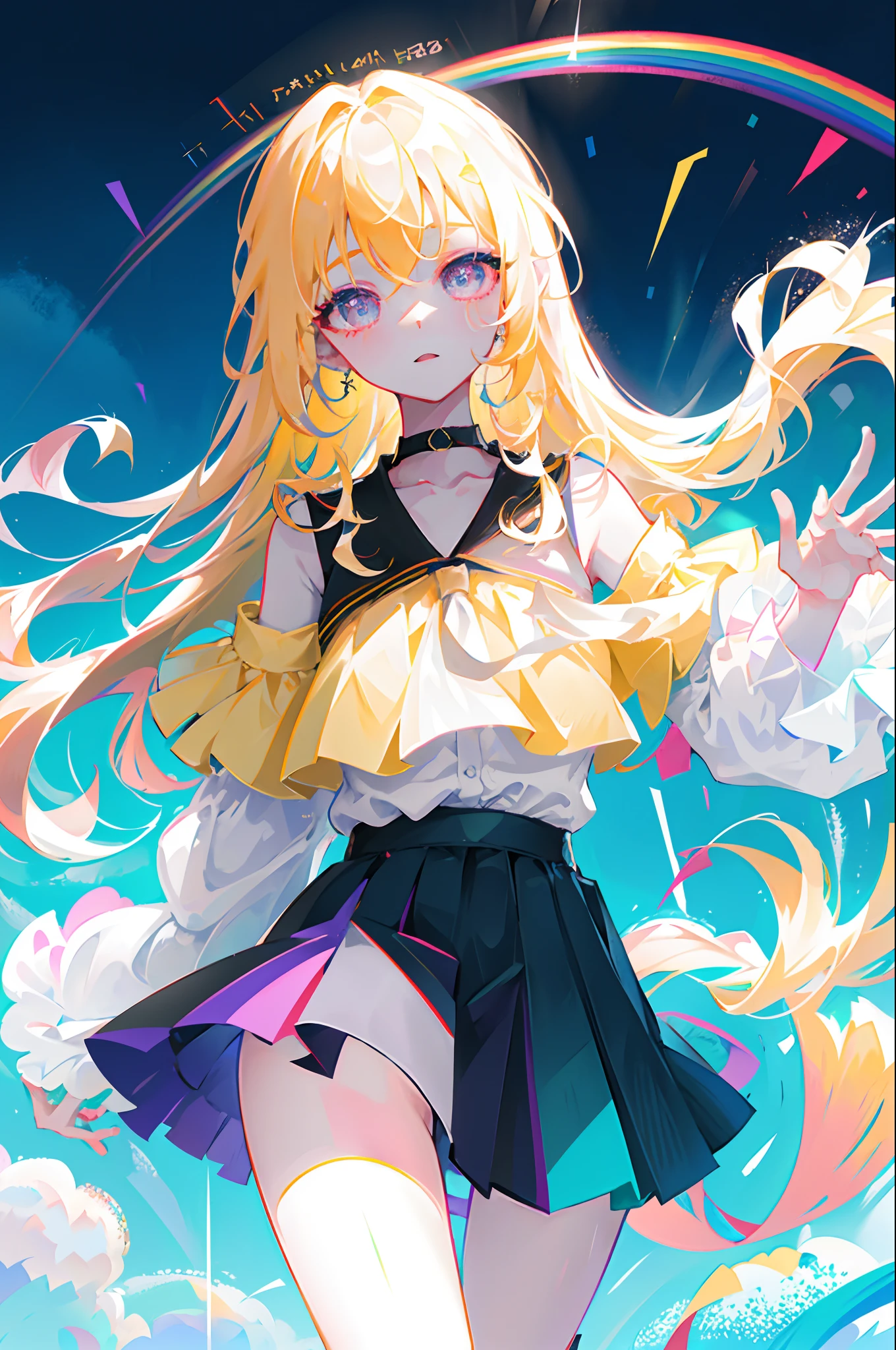 Rainbow on background、Irridescent color、colourfull、top-quality、超A high resolution、(Photorealsitic:1.4)、Female 1 Person、Sleeveless white buttoned shirt、Black skirt、Black Choker、cute little、(Kpop Idle)、(attractiveness:1)、(Platinum Blonde Hair:1)、((Puffy eyes))、Look at the viewer、full body Esbian、Facing the front