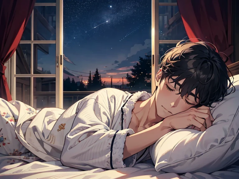 ((Masterpiece,Best quality)), 1male people, Solo, Adult, Handsome, Beautiful detailed face, Sleep in a warm bed, lying down, Closed eyes, pajamas, blanket, pillow head, Relax the expression, Night sky outside the window