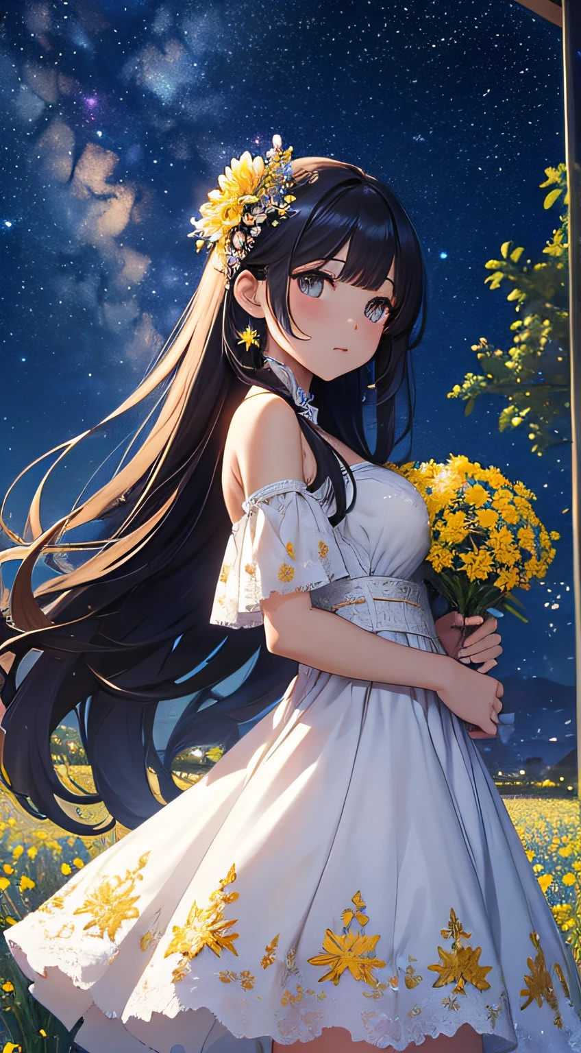 1girl, solo, dress, flower, smile, open mouth, wading, white dress, black hair, :d, water, sunflower, blue eyes, long hair, night, looking at viewer, petals, sky, skirt hold, bare shoulders, star \(sky\), bangs, sleeveless dress, night sky, hair between eyes, starry sky, sleeveless, outdoors, bare arms