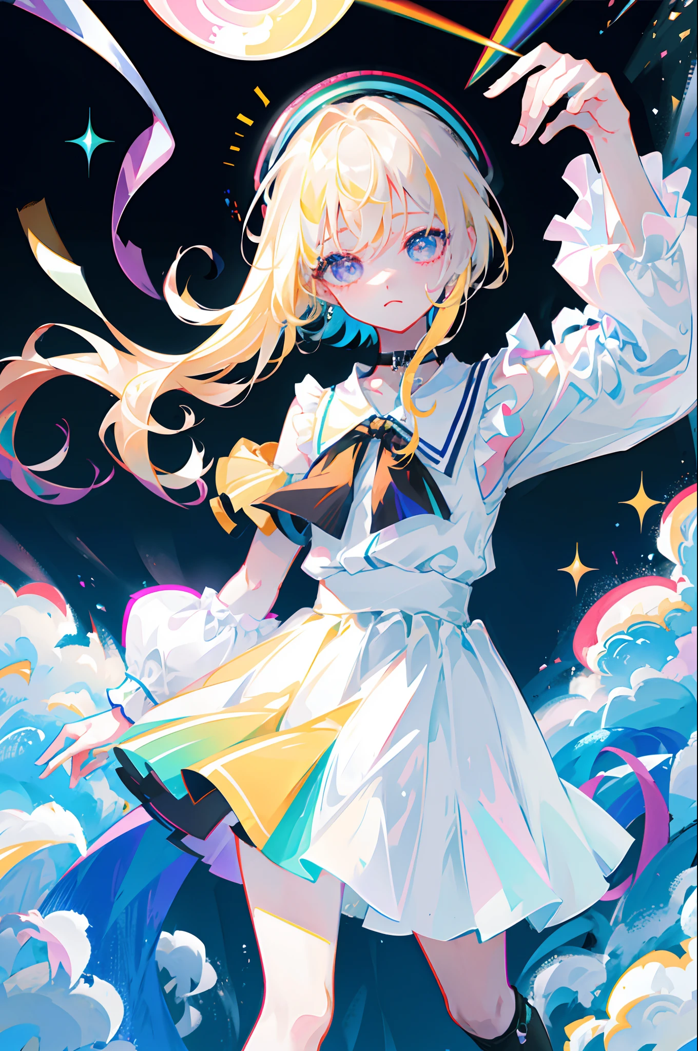 Rainbow on background、Irridescent color、colourfull、top-quality、超A high resolution、(Photorealsitic:1.4)、Female 1 Person、Sleeveless white buttoned shirt、Black skirt、Black Choker、cute little、(Kpop Idle)、(attractiveness:1)、(Platinum Blonde Hair:1)、((Puffy eyes))、Look at the viewer、full body Esbian、Facing the front