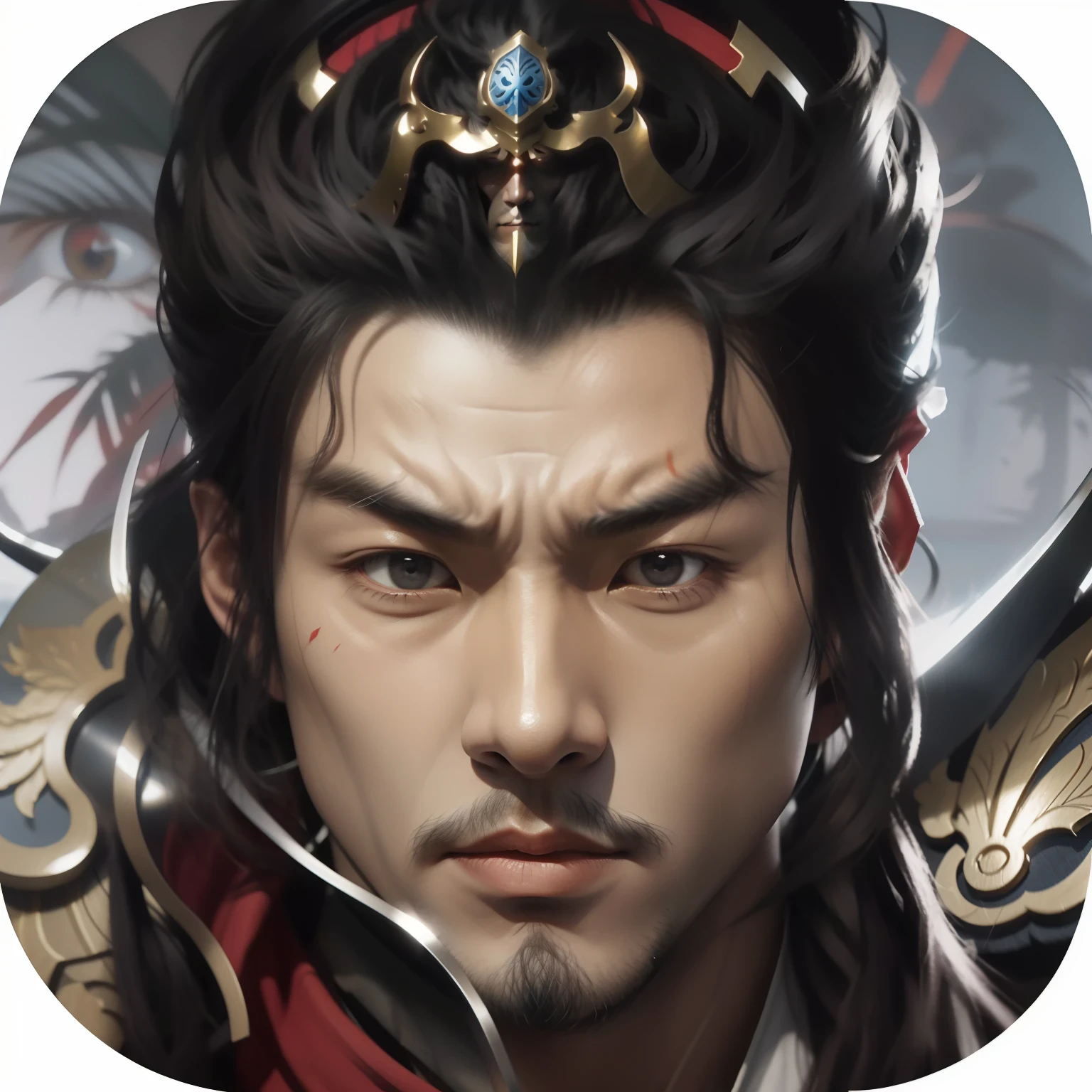 Close-up of a man with a sword and helmet, zhao yun, inspired by Li Kan, heise jinyao, bian lian, Inspired by Huang Shen, rugged skin,angry look,His face was stained with gray dirt,Dust on the face,xianxia hero, chinese three kingdoms, Inspired by Zhao Yuan, Inspired by Hu Zaobin, Inspired by Seki Dosheng, inspired by Guo Chun, Avatar image,angry, serious, scowl
