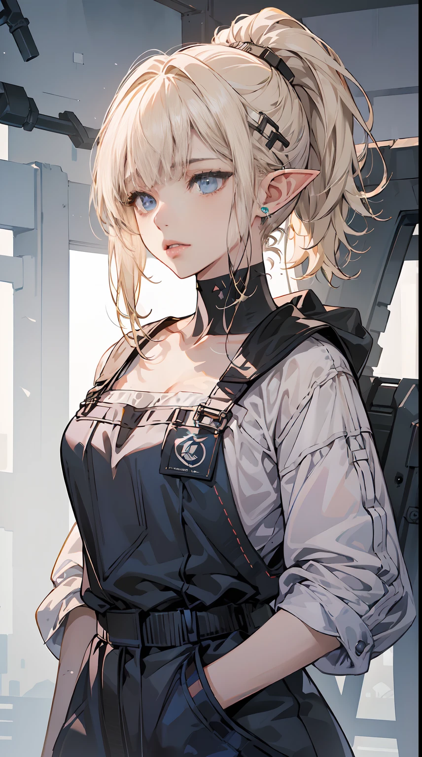 (1 girl), elf mature, Ordinary worker, overalls, tired, dirty, messy, cyberpunk, sci-fi, tech wear, character portrait, intricate, digital
art, (asymmetrical bangs:1.3), ponytail hair, highly detailed face and eyes, Perfect lips, (white blonde hair, Deep Blue Eyes:1.2), Aesthetic, cinematic Lightning, by Yusuke Murata.