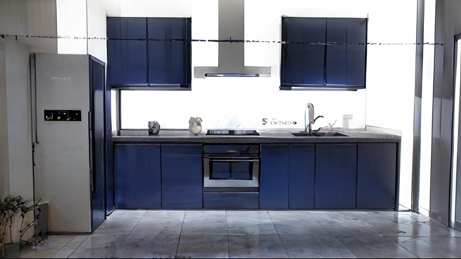 Depiction of a kitchen with a fridge, estufa, Fregadero y refrigerador, Renderizado 3D realista azul, Generado por ordenador, Renderizado 3D, Renderizado 3D, D render, Renderizado 2D, render 3 d, Renderizado 3D, kitchenette, 3D FinalRender, Renderizado final 3D, Renderizado de vista 3D, Renderizado 3D, Renderizado 3D