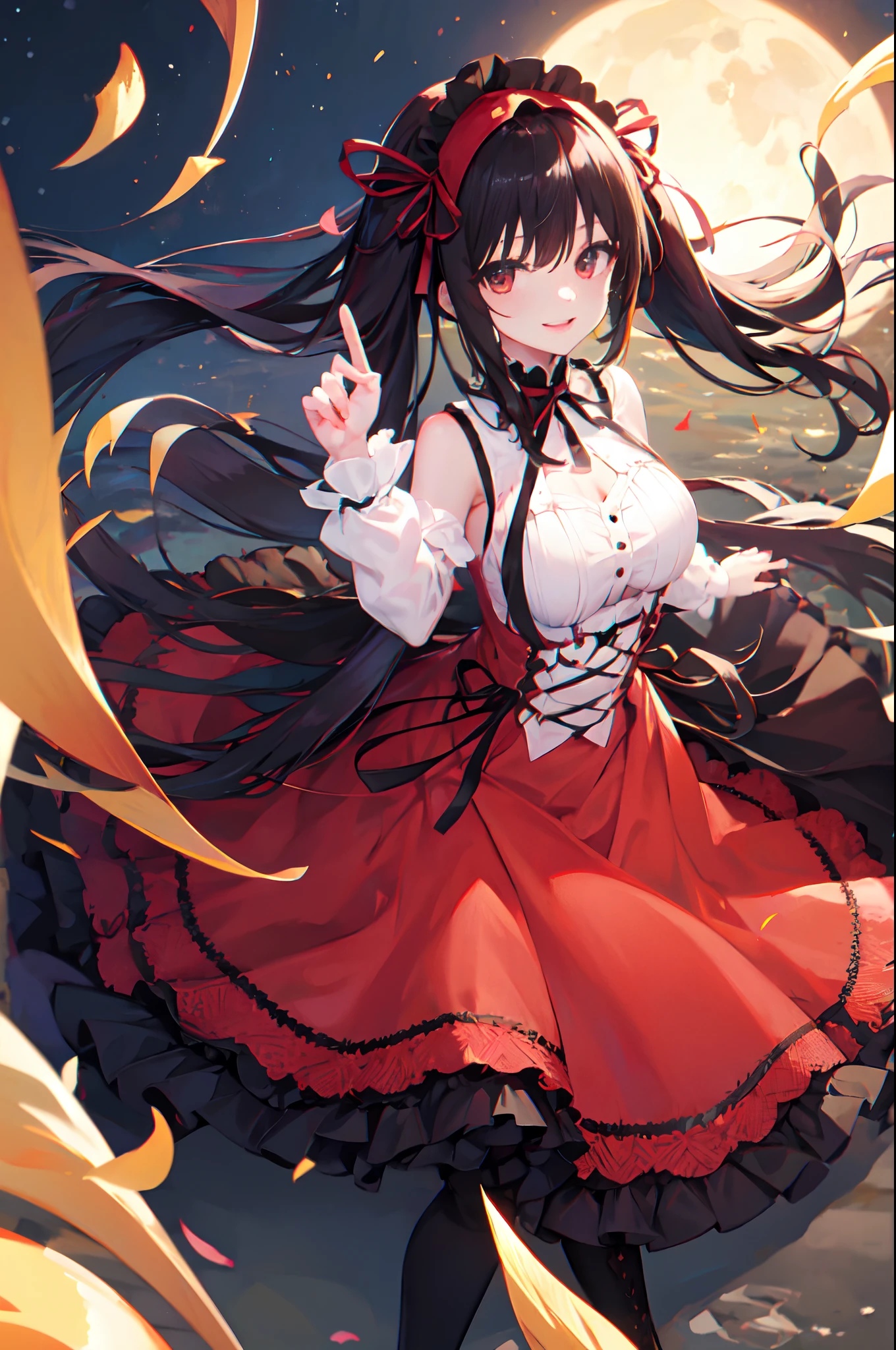 Black hair、long-haired twin-tails、Red right eye、The left eye is golden、Aristocratic dress in red and black、odd eye、Black tights that don't show bare feet、Black long boots、Smiling、delicate finger、moonlights、natta、Graceful behavior、Kyozo Tokizaki、Red ribbon around the belly、Black and red ta headdress、20yr old