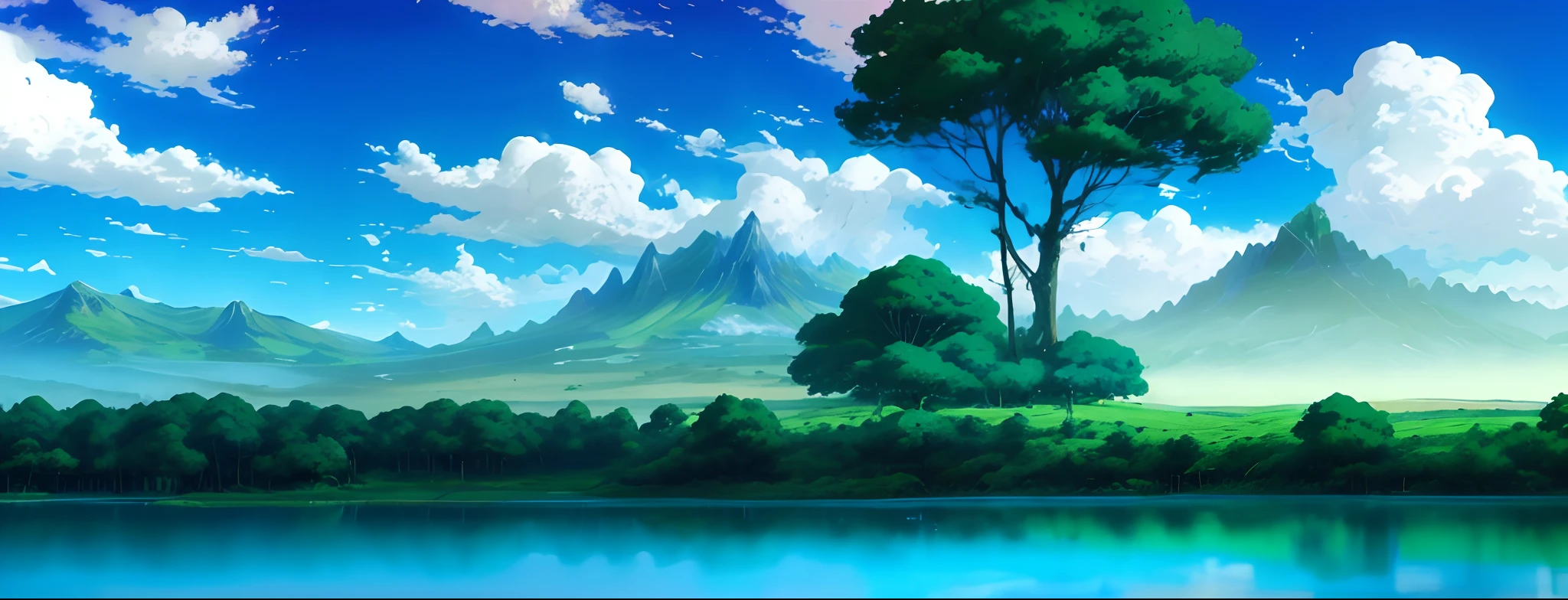 there is a painting of a tree and a lake in the middle of a field, anime landscape, anime landscape wallpaper, anime scenery, beautiful anime scenery, anime nature wallpap, anime countryside landscape, anime nature, anime background art, scenery artwork, anime background, scenery wallpaper, anime beautiful peace scene, landscape wallpaper, anime scenery concept art, beautiful landscape background