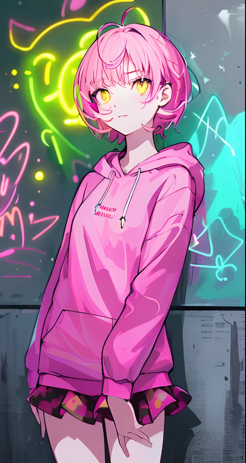 (masterpiece, best quality:1.2), illustration, realistic, absurd, (((bloom, glow, neon))), high contrast, depth of field, dynamic lighting, night, darkness, 1girl, solo, cute, slender, small breasts, delicate facial features, Hip-Hop, pink short hair,  yellow hoodie, pink skirt, yellow eyes, splash paint, graffiti on the wall