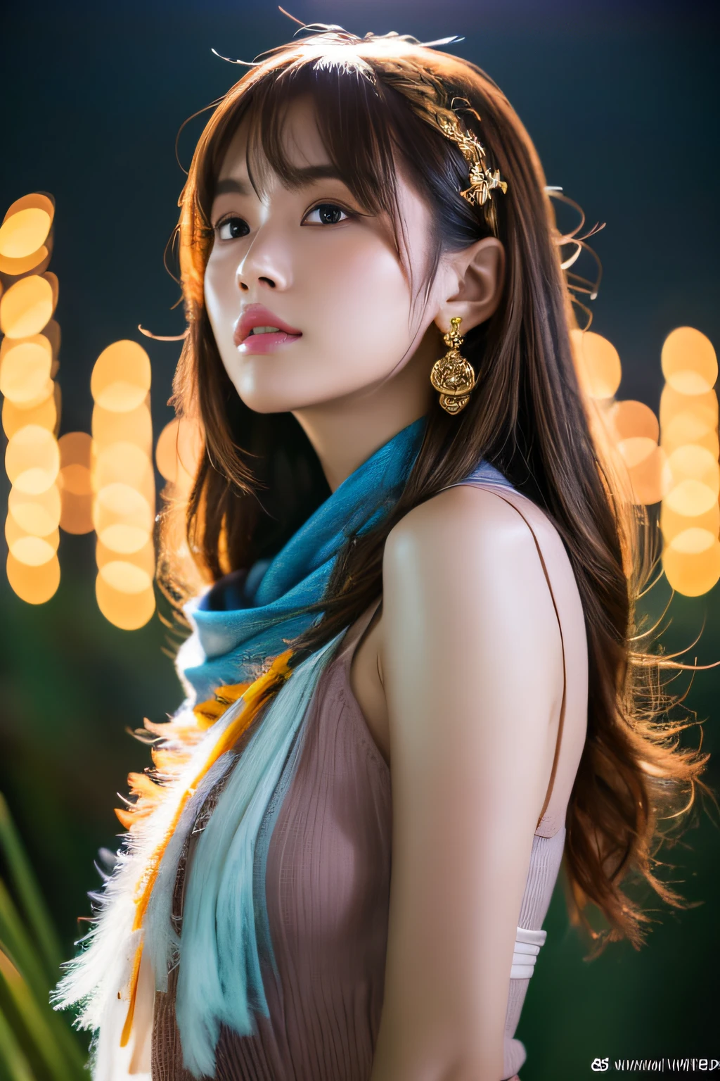 (RAW Photo, Best Quality), (Realistic, Photo Realistic: 1.3), Best Quality, Highly Detailed, Masterpiece, Ultra Detailed, Illustration, 1 Girl, upper_body, Dynamic Angle, Extremely Detailed CG Unified 8k Wallpaper, Ink, Amazing, Movie upper_body, Dynamic Angle, World Mastery Theater, messy_long_hair, Best Quality, Extremely Detailed CG Unified 8k Wallpaper, Ink, Amazing, Movie Lights, lens_flare, dunhuang_style, Detailed Face, Beautiful Rendering of Tang Dynasty, (Deliberate expression: 1. 5), Standing in a flower field, (Looking up at the stars: 1.2), Fireflies, Scarf floating , sony master shot, woman posing for photo in front of tv, inspired by Fei Danxu, brown hair and bangs, hi-res screenshot, nicovideo, normal hands, vivid colors, full face shot of limur tempest, nice studio lighting, vhs screenshot, beautiful fine face