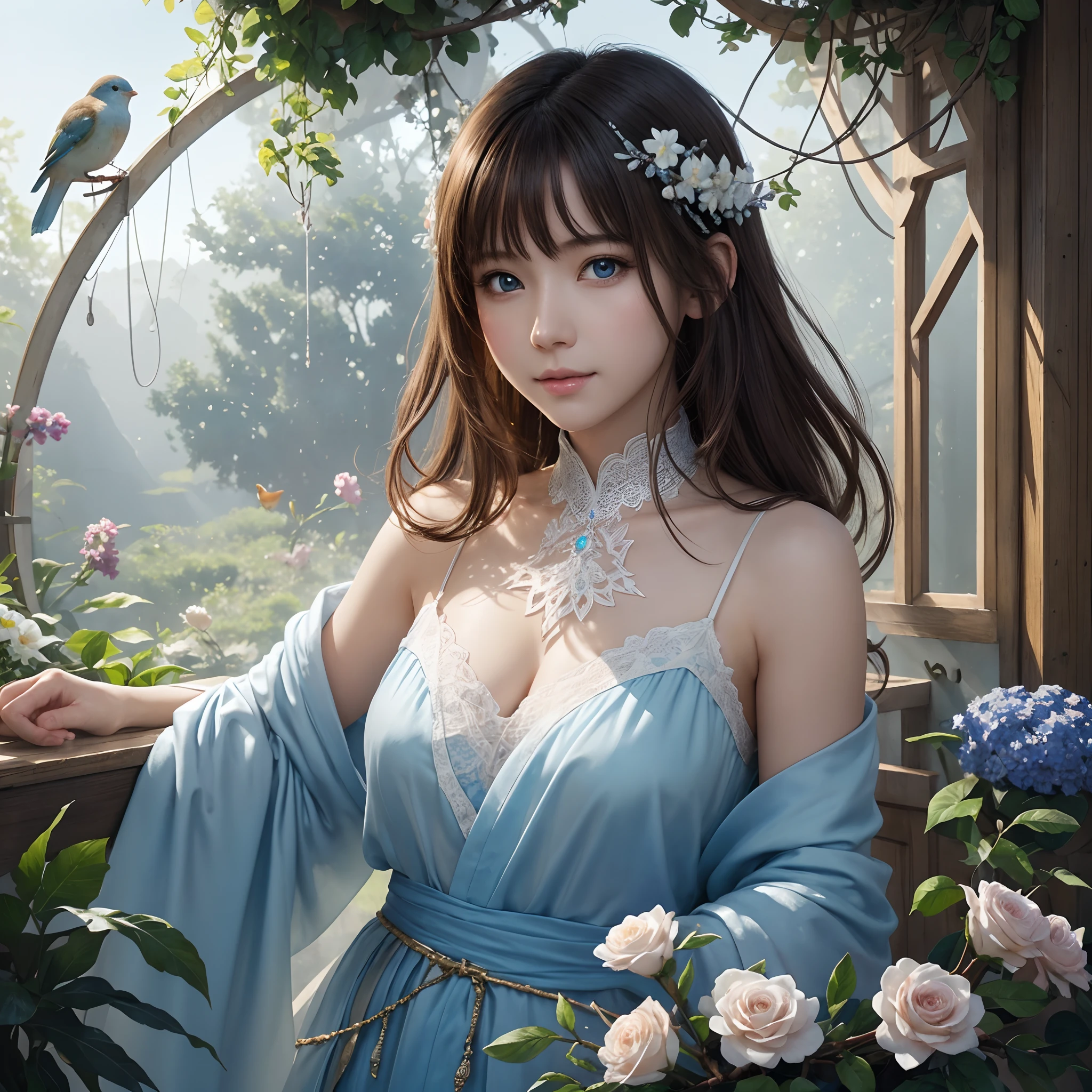hightquality、8K Ultra HD、fullllbody、A 16-year-old woman、Gentle smile、Beautiful flowers、robe blanche、light brown hair、Blue eyes、(Lovely healing forest and colorful little birds in the background)、cute little、Beautiful fece、portlate、Antique architecture、Glass brilliance、art by:Alberto Seveso、Abstract art style、Complex and intricate watercolor painting 、digitial painting、concept-art、Volumetric lighting、TanvirTamim、metal reflective、2d render、8K。 by artgerm、Trending on ArtStation