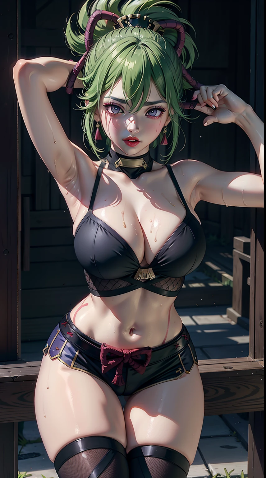 Masterpiece, 4k,ultra detail, detail face, eyeshadow, red lip, large breast,(hand behind head), (pretty face), dynamic pose, cleavage, navel, wet armpits), bare thighs,sweating, kukishinobudef, kukishinoburnd