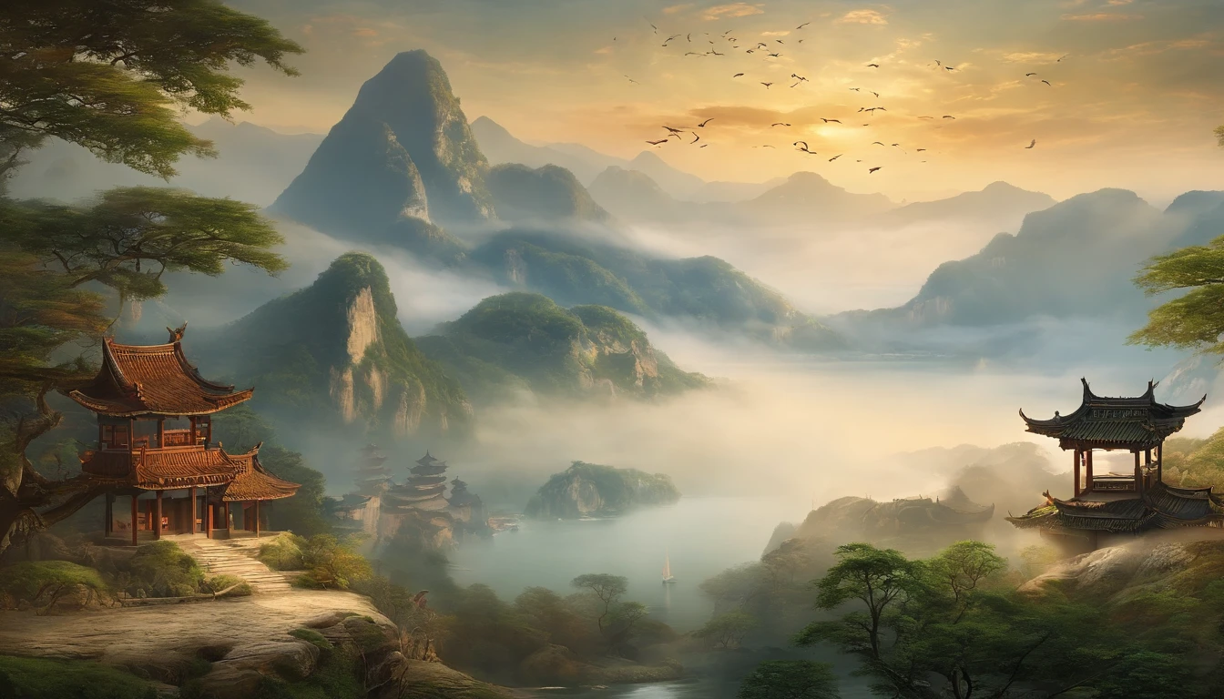Mountain and Sea Skylark Scroll,There are mountains and waters in the picture,rios、grassy fields、Sun,Shirasawa、fenghuang、Green Dragon、Xuanwu and many other ancient mythical beasts are haunted,Epic composition,shadowing,National style
