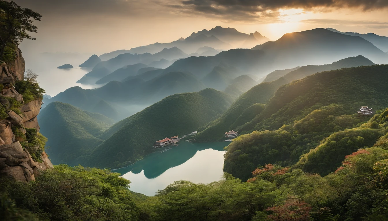 Mountain and Sea Skylark Scroll，There are mountains and waters in the picture，rios、grassy fields、Sun，Shirasawa、fenghuang、Green Dragon、Xuanwu and many other ancient mythical beasts are haunted，Epic composition，shadowing，National style