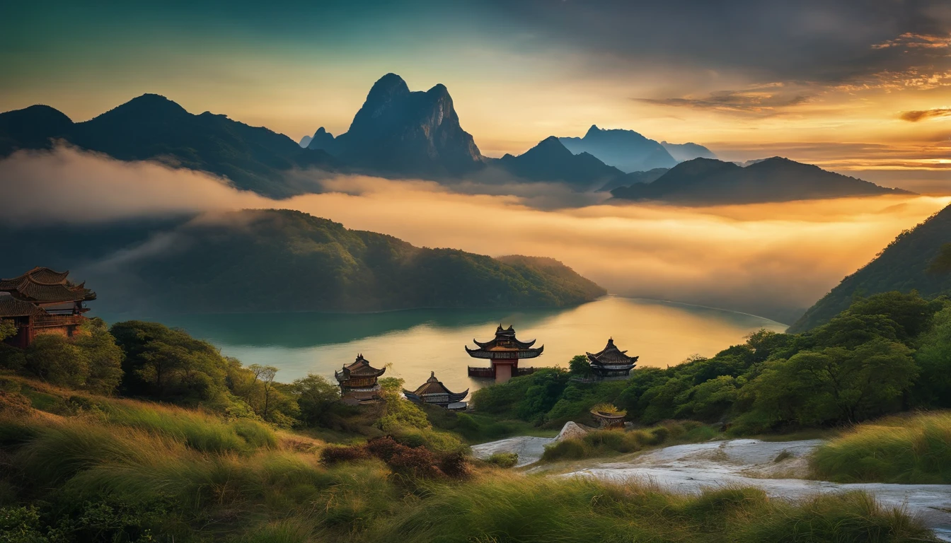Mountain and Sea Skylark Scroll,There are mountains and waters in the picture,rios、grassy fields、Sun,Shirasawa、fenghuang、Green Dragon、Xuanwu and many other ancient mythical beasts are haunted,Epic composition,shadowing,National style