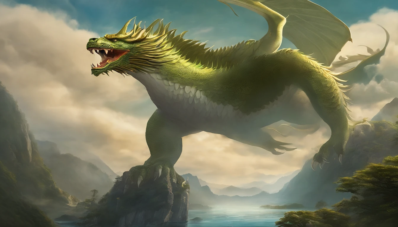 Mountain and Sea Skylark Scroll,There are mountains and waters in the picture,rios、grassy fields、Sun,Shirasawa、fenghuang、Green Dragon、Xuanwu and many other ancient mythical beasts are haunted,Epic composition,shadowing,National style