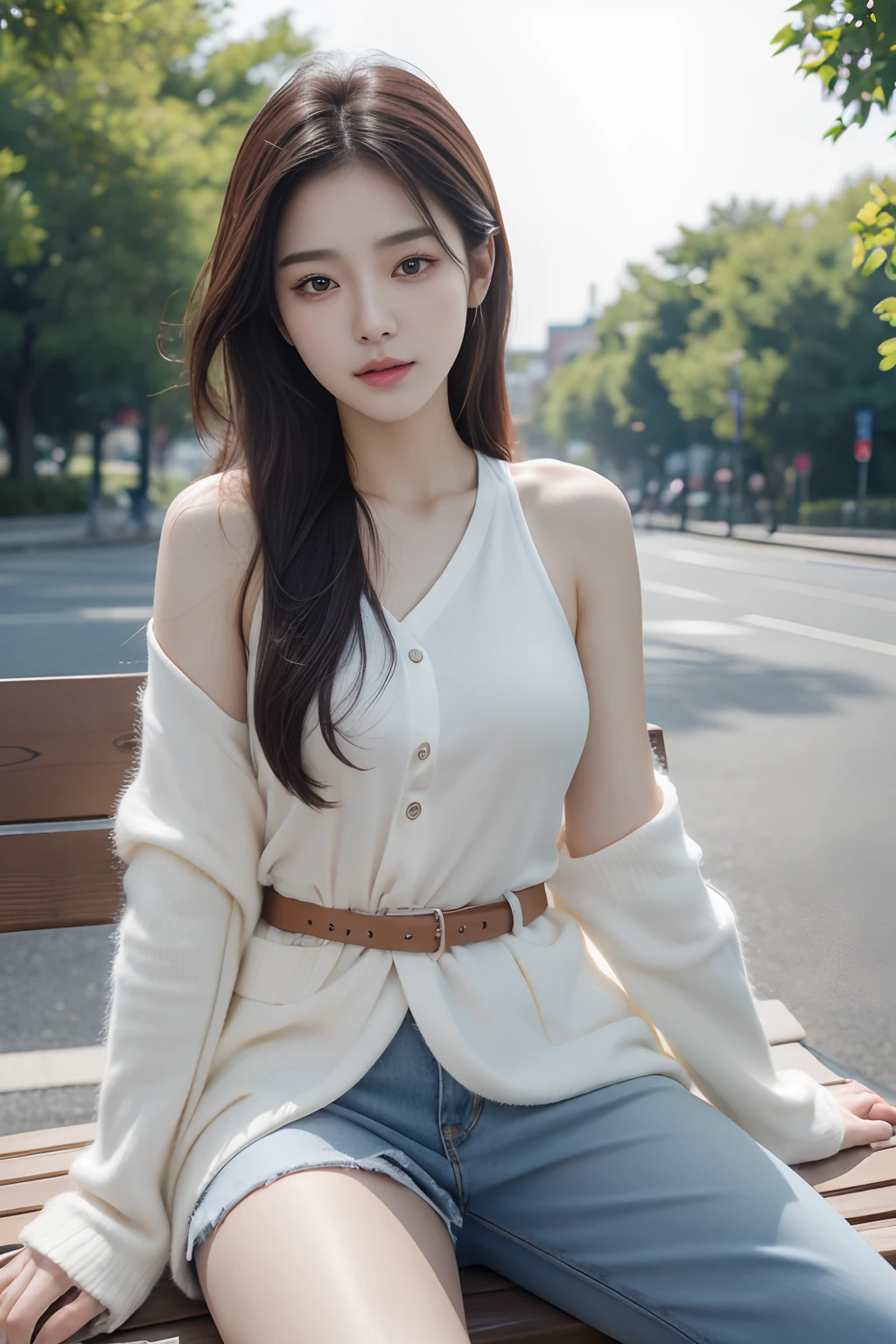 4k, high-res, best quality, (Korean idol), finely detailed skin, smooth face, sharp focus, (cinematic lighting), soft lighting, dynamic angle, [:(detailed face:1.2):0.3], A young Korean woman relaxing at park, korean,