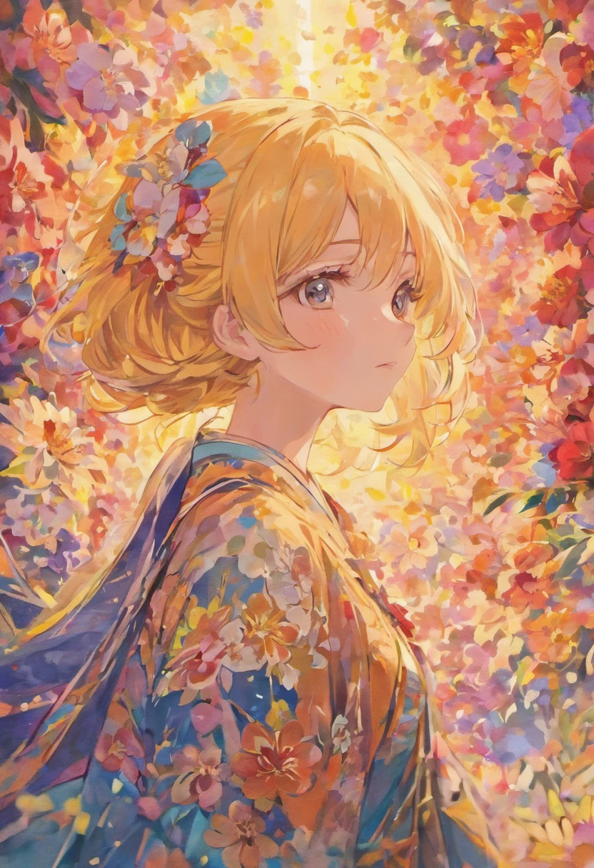 best quality, high resolution, detailed background, high contrast, 1 girl, close-up of the head, floral background, clean line drawings, vibrant colors