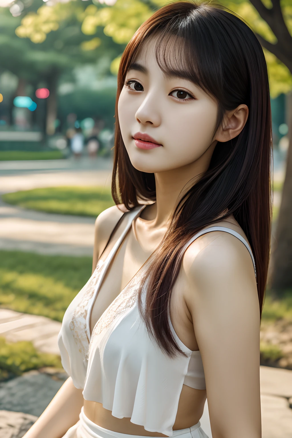 4k, high-res, best quality, (Korean idol), finely detailed skin, smooth face, sharp focus, (cinematic lighting), soft lighting, dynamic angle, [:(detailed face:1.2):0.3], A young Korean woman relaxing at park, korean,