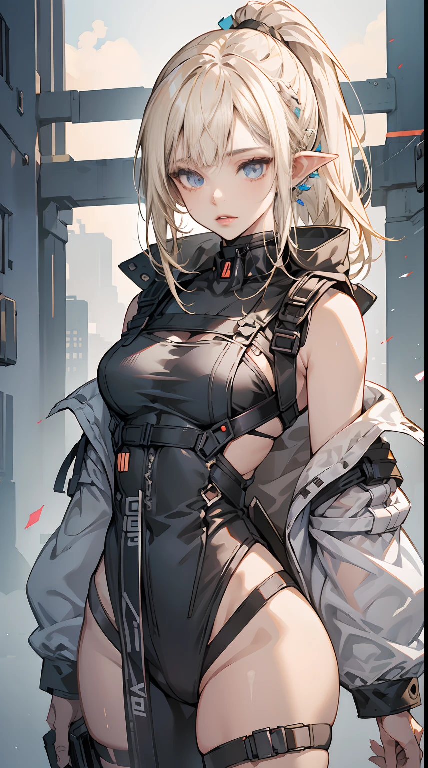 (1 girl), beauty elf, Ordinary worker, big breasts, perfect body, overalls, tired, dirty, messy, cyberpunk, sci-fi, tech wear, character portrait, intricate, digital art, (asymmetrical bangs:1.3), ponytail hair, highly detailed face and eyes, Perfect lips, (white blonde hair, Deep Blue Eyes:1.2), Aesthetic, cinematic Lightning, by Yusuke Murata.