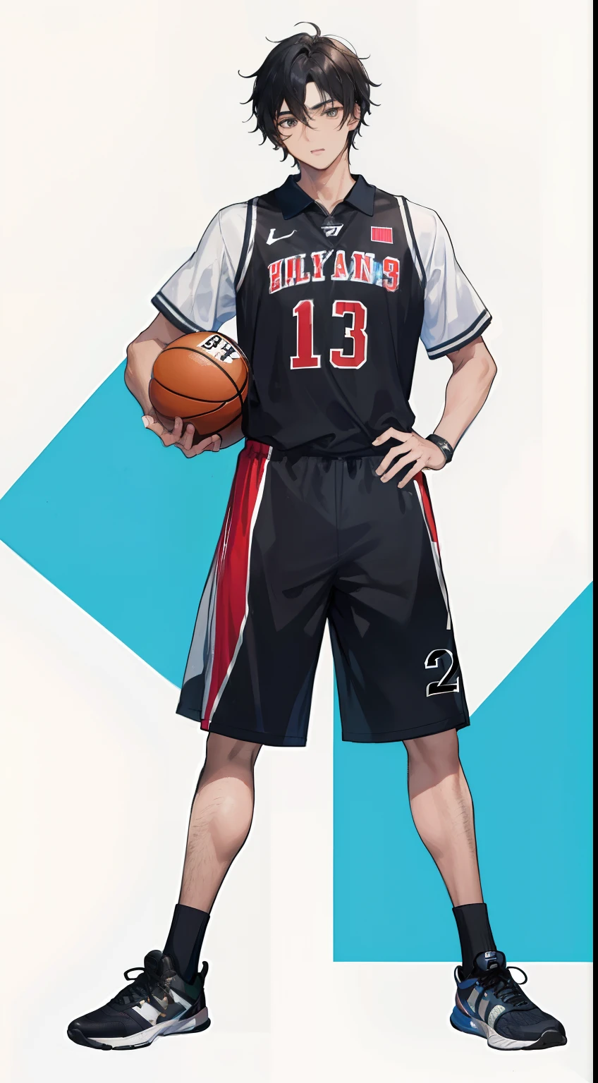 ((masterpiece, best quality, more detail)), ((1man)), a man 22 years old with messy, black hair wearing a sports uniform is standing at the basketball hall with holding ball, number 13