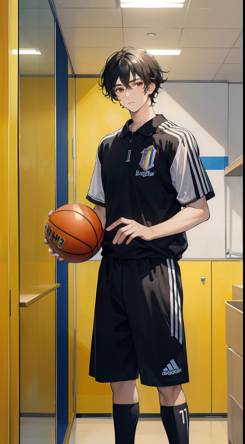 ((masterpiece, best quality, more detail)), ((1man)), a man 22 years old with messy, black hair wearing a sports uniform is standing at the basketball hall with holding ball, number 13