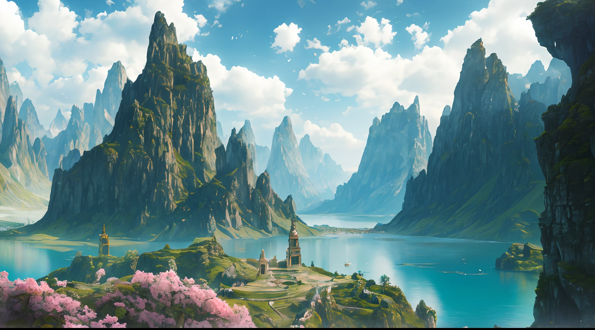 Masterpiece, Best quality, High quality, Extremely detailed Cg Unity 8K wallpaper, scenery, Outdoors, sky, Cloud, day, No Man, Mountain, landscape, water, tree, Blue sky, waterfallr, cliff, Nature, Lake, River, Cloudy sky,award winning photography, Bokeh, Depth of field, hdr, full bloom, color difference ,Photorealistic,Extremely detailed, trending on artstationh, trending on CGSociety, Intricate, High detail, Dramatic, art by midjourney
