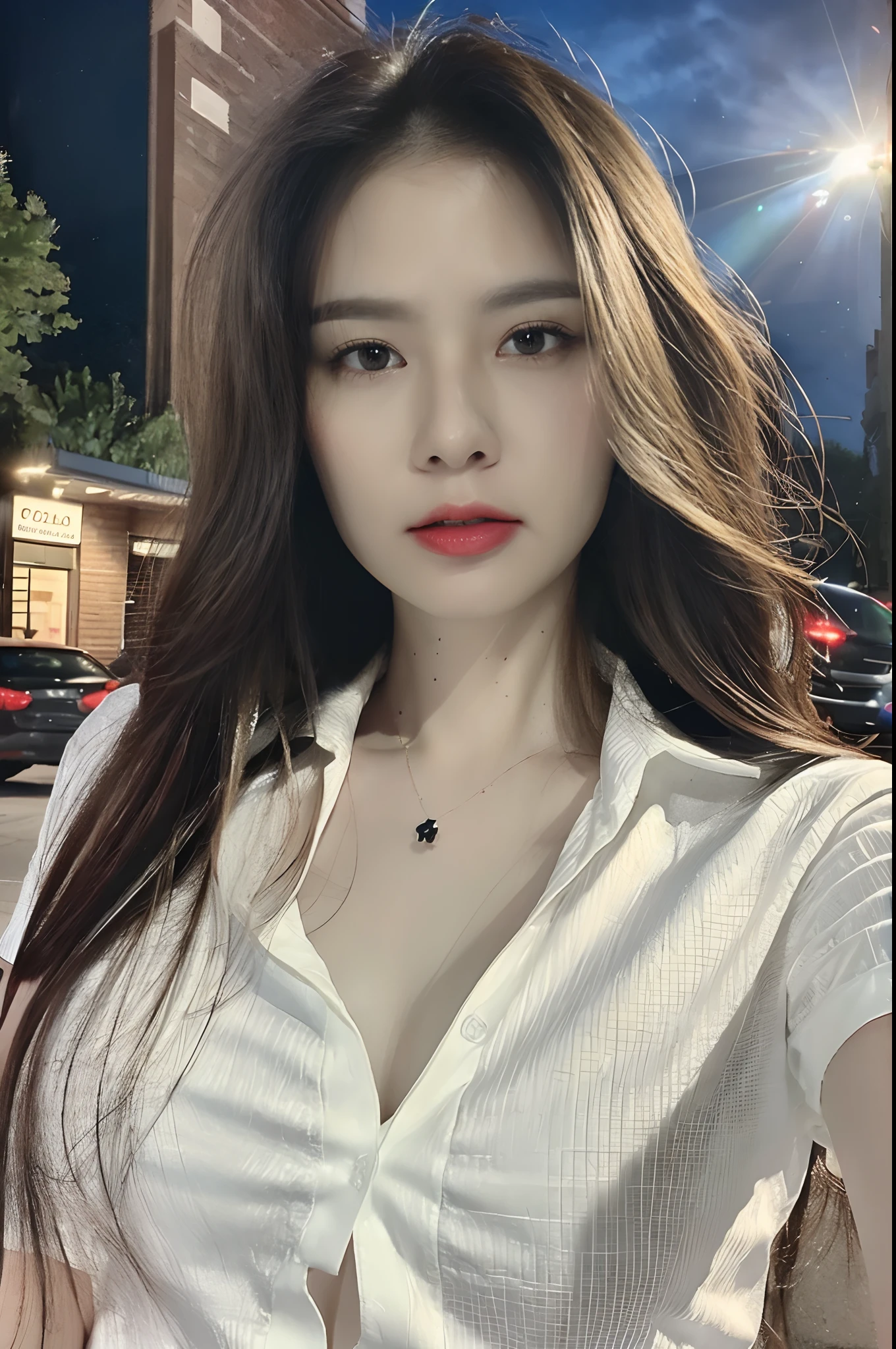 ((Best quality, 8k, Masterpiece :1.3)), Sharp focus:1.2, Perfect Body Beauty:1.4, Slim Abs:1.2, ((Layered hairstyle: 1.2)), (Shirt: 1.1), (Street: 1.2), Highly detailed face and skin texture, Fine eyes, Double eyelids