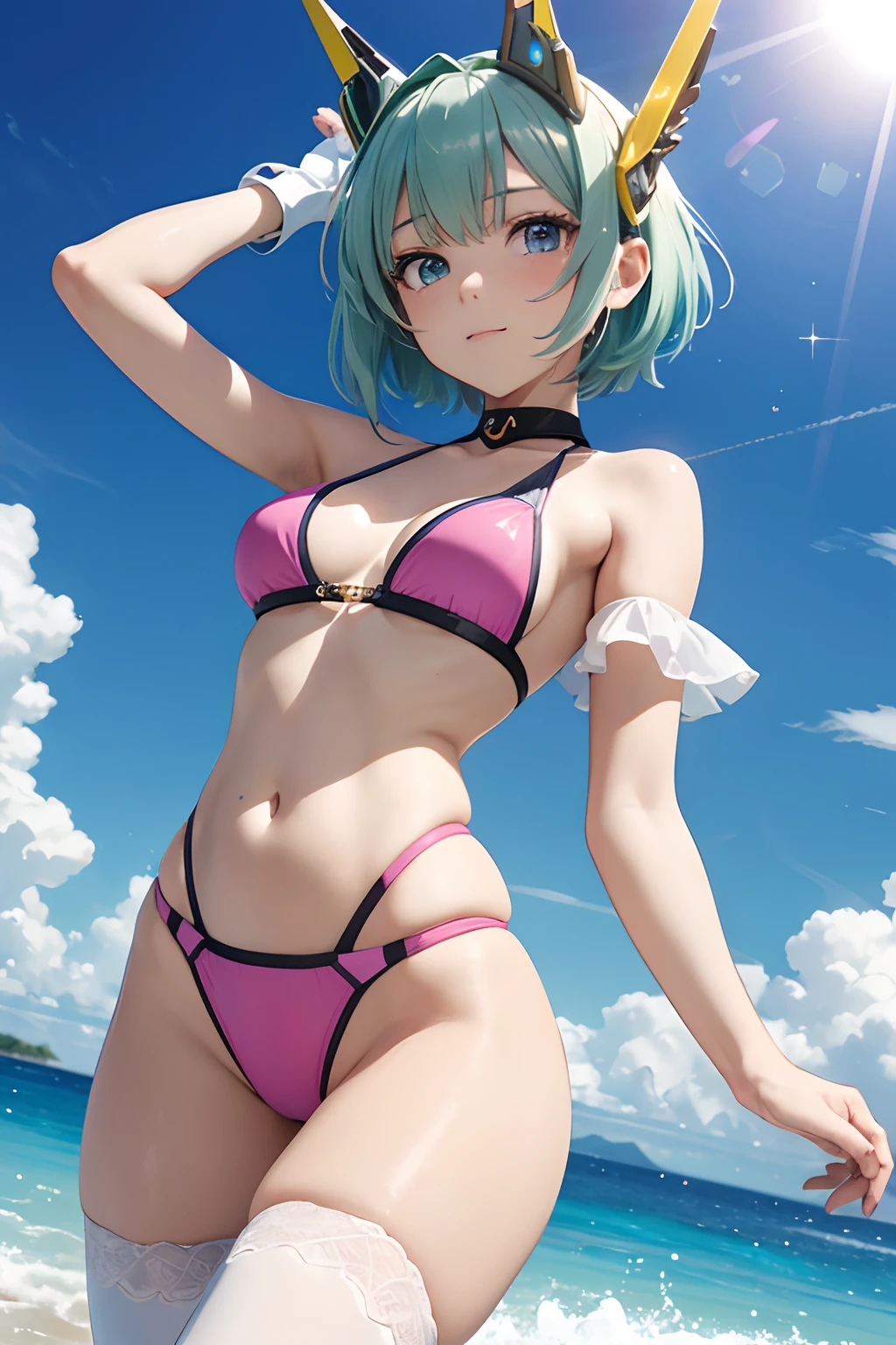 2d, masterpiece, best quality, anime, highly detailed face, highres, absurdres, incredibly absurdres, full_body, highly detailed background, 1girl, blush, elbow gloves, gloves, green hair, headgear, looking at viewer, blue eyes, short hair, solo, solo focus, sfw, black gloves, lola, white thighhighs (Masterpiece),(top-quality),in 8K, a beauty girl,Full body like,((small udder)),((skinny thigh)),(((Very Shorthair:1.3))), Nice big blue eyes, (High detail eyes), smiling, green hair, Hair fluttering in the wind,,(Pink swimsuit:1.3),(Sports type swimwear:1.3),(Bikini type swimsuit:1.3), There is a white line on the edge of the swimsuit,Swimsuit with a visible stomach, Teen Girl,((hight resolution,nffsw,Perfect Pixel,depth of fields)),Beautiful anime girl, Beautiful Art Style,(soio), (highdetailskin：1.3), High school students,Mature body,Running, Soft skin,shores,sand beach,evening,Shiosai,gentle wind,a smile,blushing with embarrassment,Looking Up, Overhead configuration,Floating Droplets, Lens Flare, Fine Features,optimal ratio of four fingers and one thumb,Perspective, Glow white particles, flare, Fine Features, Perfect Anatomy Tommy, Centered, Perfect distance, Highly detailed, with an intricate, acurate, Highly detailed rich colors, Rich colors, clean, Rich colors, elaborate details, golden ratio illustrations , lola, green hair, blue eyes, pink mecha headgear, fully robotic!! girl, nanogirlv 2, symphogear, fully robotic!