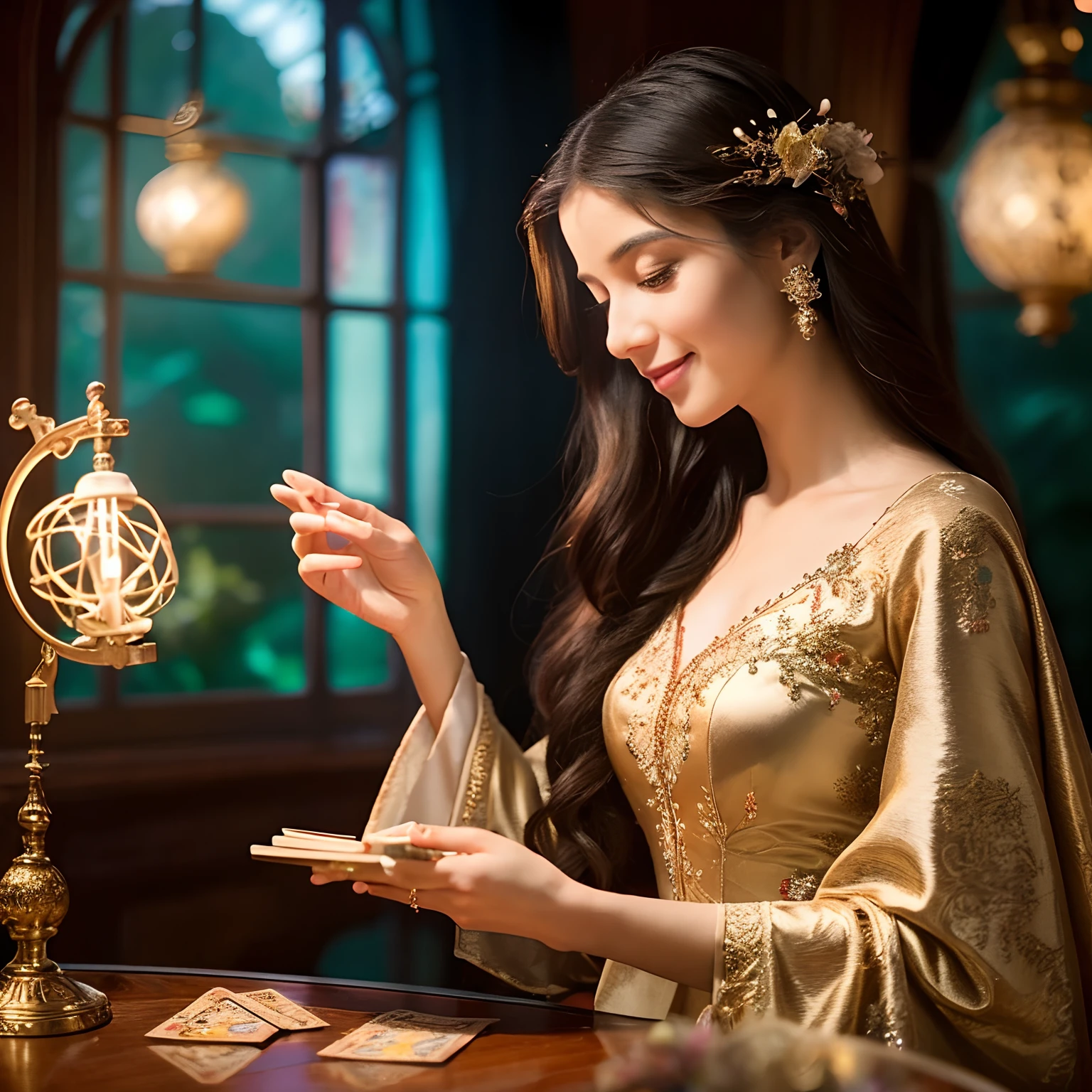 a whimsical setting, a woman with flowing hair and a serene expression is seen delicately holding a deck of tarot cards. She is dressed in an elegant gown adorned with intricate patterns and vibrant colors that reflect the mystical aura surrounding her. Soft, ethereal light illuminates her surroundings, emphasizing the magical atmosphere. With a gentle smile, she exudes an air of wisdom and enchantment as she conducts a tarot reading, her fingers moving gracefully across the cards. The scene captures the essence of romance and divination, inviting viewers into a world of mystery and introspection. Please generate an image that brings this enchanting vision to life.