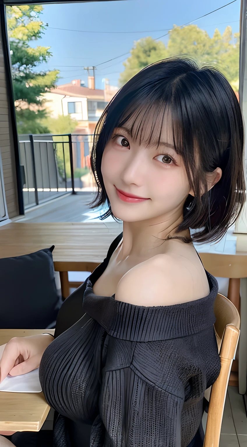 (top-quality,8K picture quality,masterpiece:1.3,),(超A high resolution,Photorealsitic:1.4,Raw photography),(ultra-detailliert,shinny skin,Detailed skin),(Detailed face,Perfect Anatomy,Caustics),(front-facing view:1.4),livingroom,The table,sit a chair,(Plunge down on the table),Bust-up shot,20yr old,kawaii,Japanese ido,A dark-haired,short-cut,a smile,Cream sweater,(ultra gigantic tits),Looking at the camera,Winter sunshine,natural soft light,low angles