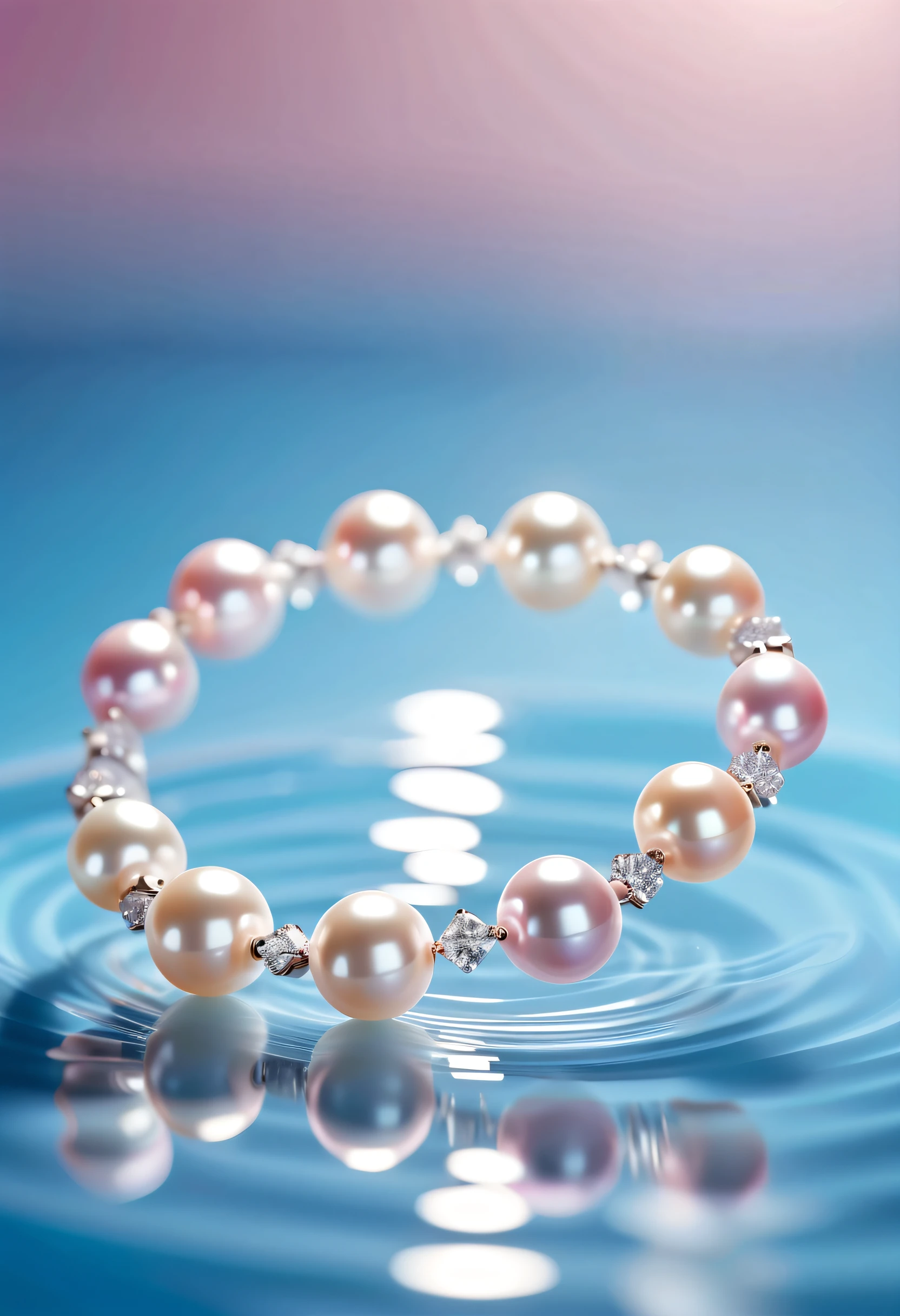 There is a white pearl Bracelet hanging in the middle of the picture, the main body is floating on the water surface, light pink smoke, spotlight, light blue and pink background, exquisite super, high precision super, high details.perfect Lighting.8k, ultra - clear ultra - noise reduction