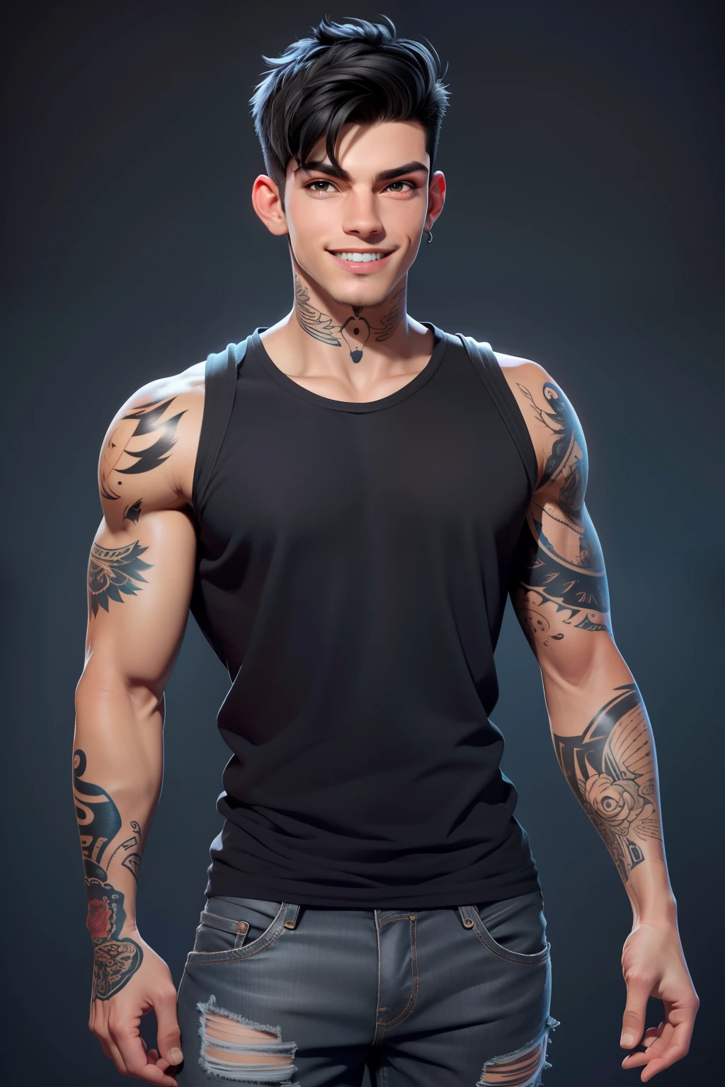 Uma Homem moreno alto tenho 1,70 de altur, Short black hair, she's wearing silver reamer, she's wearing a long black t-shirt, ripped blue jeans, black sneakers, a beautiful smile, Tenho 21anos, Her name is Bruno has tattoo half muscular is beautiful sexy hot charming