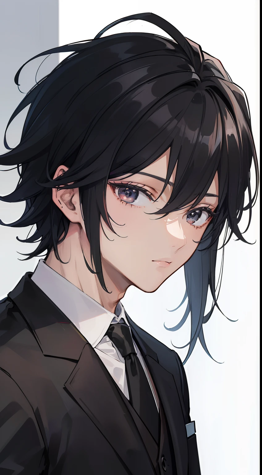 ((masterpiece, best quality, more detail)), ((1man)), a man 22 years old with messy, black hair wearing a black suit, anime