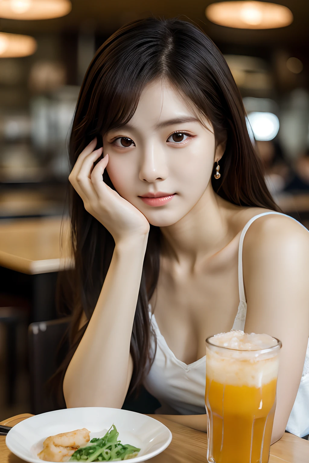 4k, high-res, best quality, (Korean idol), finely detailed skin, smooth face, sharp focus, (cinematic lighting), soft lighting, dynamic angle, [:(detailed face:1.2):0.3], A young Korean woman sitting, cafeteria, korean foods,