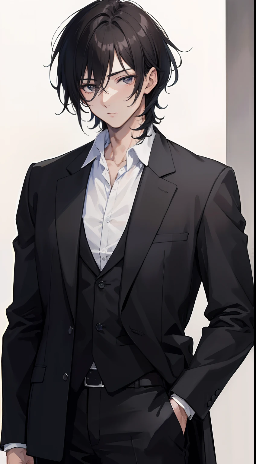 ((masterpiece, best quality, more detail)), ((1man)), a man 22 years old with messy, black hair wearing a black suit, anime