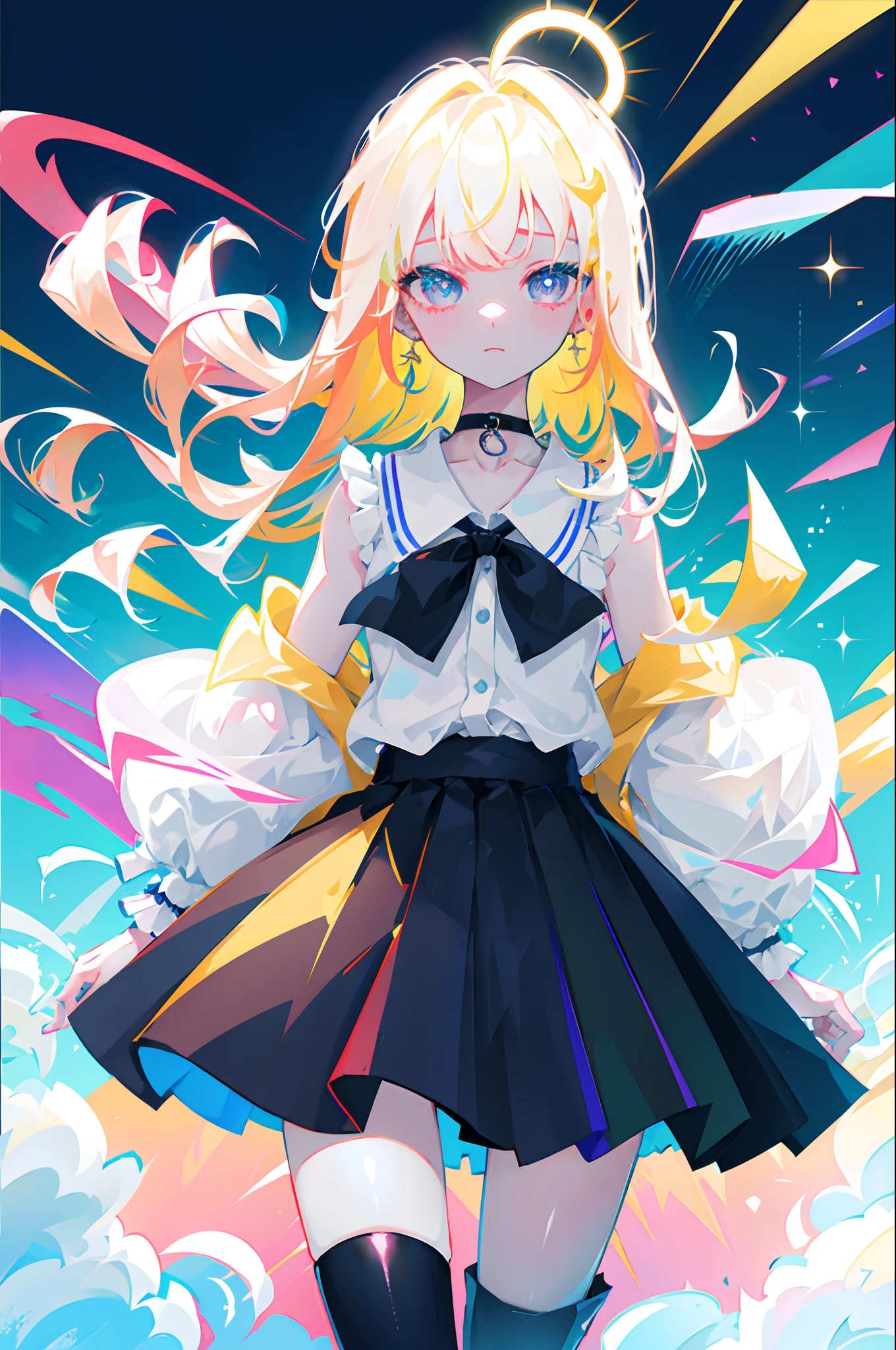 Rainbow on background、Irridescent color、colourfull、top-quality、超A high resolution、(Photorealsitic:1.4)、Female 1 Person、Sleeveless white buttoned shirt、Black skirt、Black Choker、cute little、(Kpop Idle)、(attractiveness:1)、(Platinum Blonde Hair:1)、((Puffy eyes))、Look at the viewer、full body Esbian、Facing the front