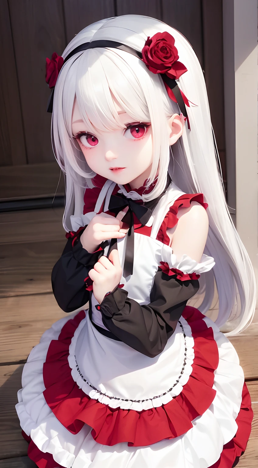 White-haired, red-eyed , loli，Wear maid outfit, vampire