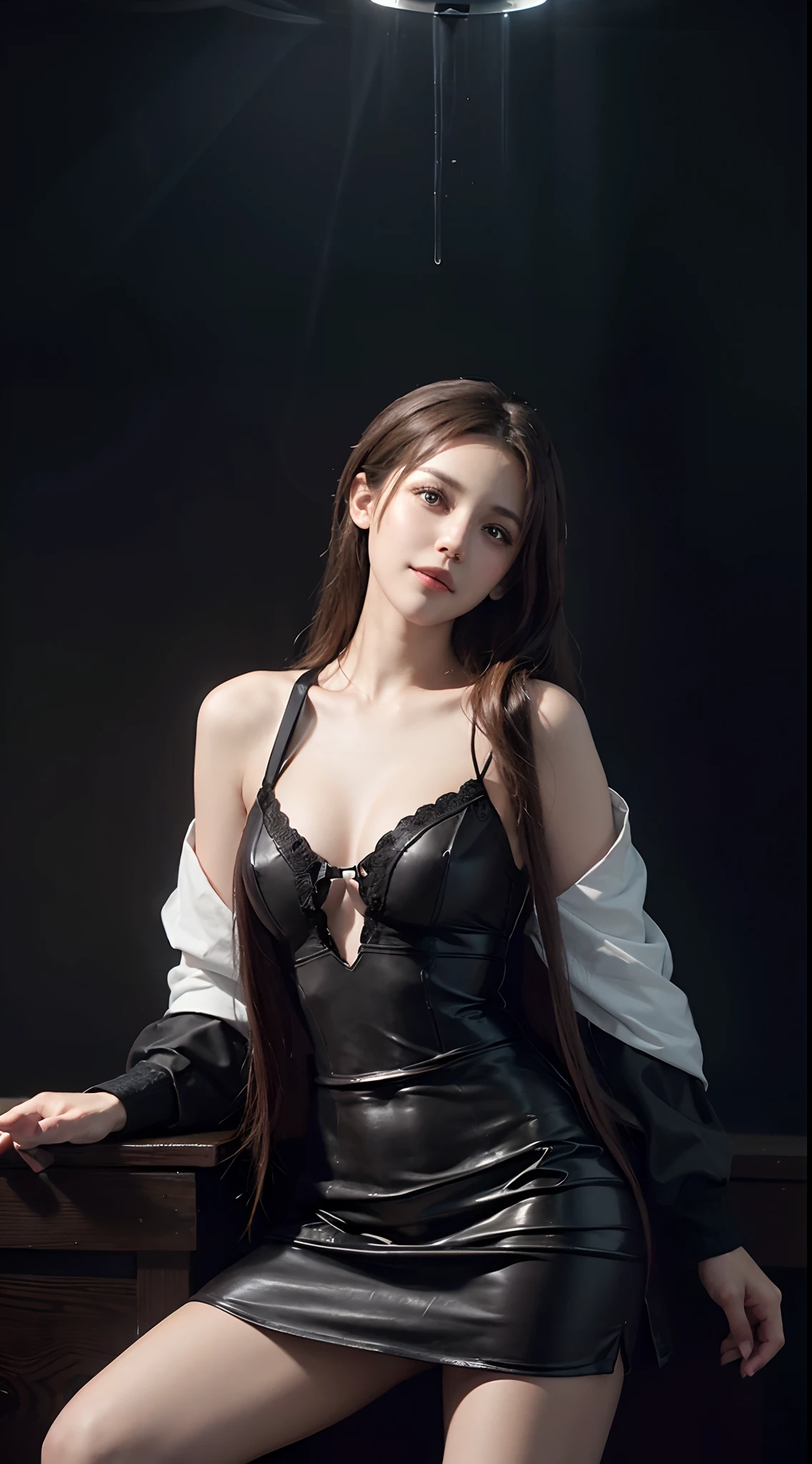 (Front focus),(in the darkness nigth:1.6),Surrealist portraits of women by David Hockney and Alphonse Mucha,Fantasyart,photographrealistic,动态照明,art stations,poster for,Volumetriclighting,Very detailed faces,4 k'',Award-Awarded, 1girll, In the dark, deepshadow, low tune, Cowboy shot, (official clothes:1.4), long whitr hair, whaite hair,The shirt,no underwares,爆乳,Deep cleavage,(big breasts exposed cleavage)