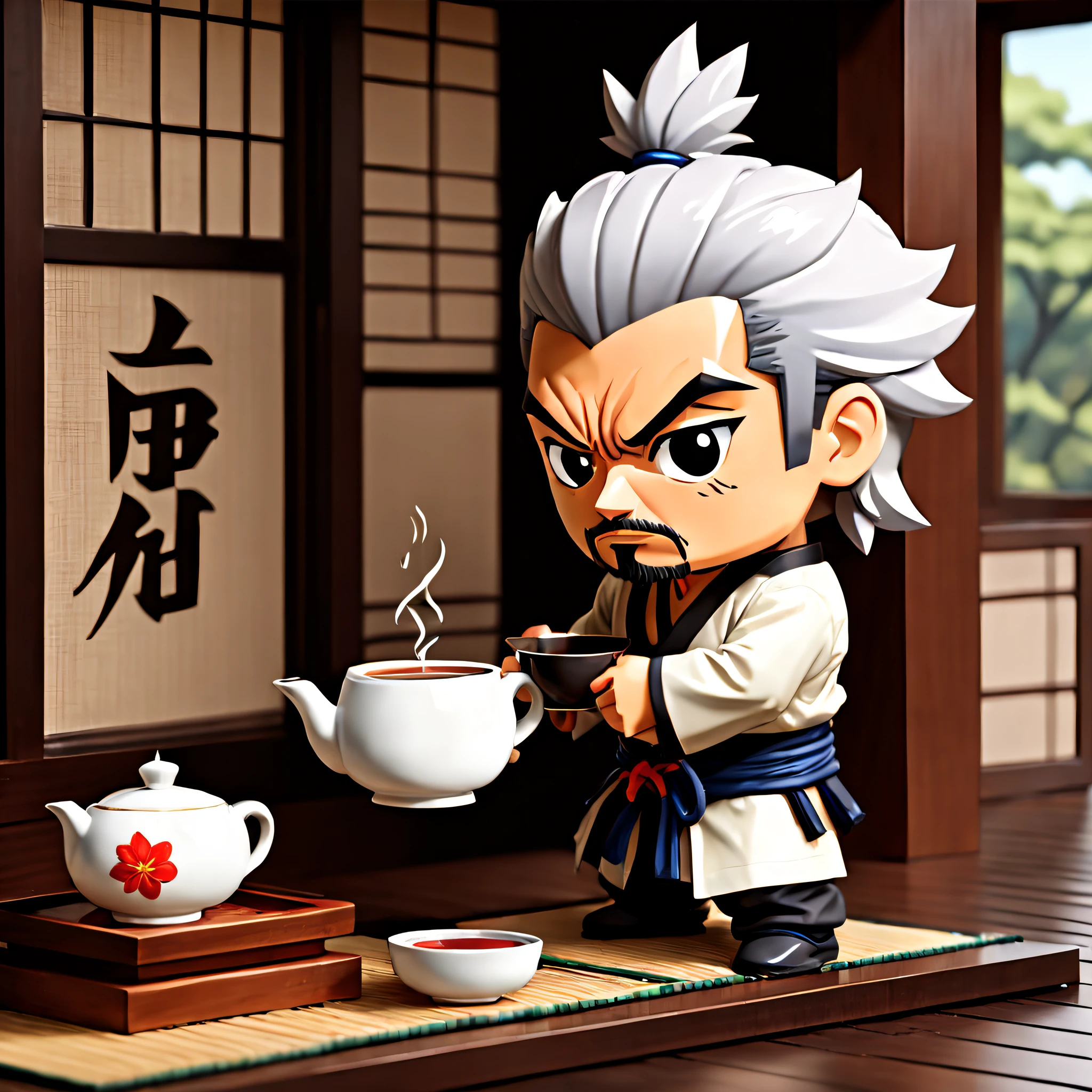 (Pixel art:1.5), (pixel theme:1.5), (chibi emote:1.5), (chibi character:1.5),(fantasy:1.5), (1japanse samurai:1.5), (Toshiro Mifune:1.5), (((hot tea:1.5))), (tea ceremony:1.5), (tearoom:1.5),(chinese tea cup:1.5),