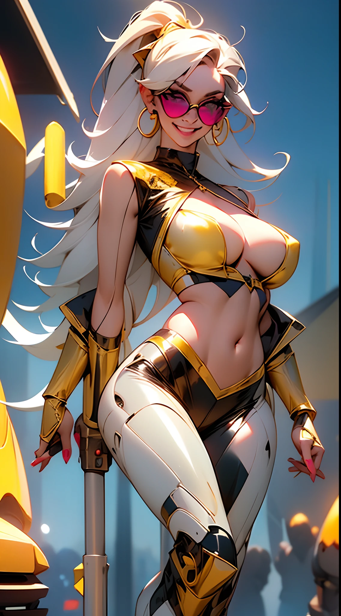 A fantz monster design, Cute robots in space [style-rustmagic]，female robot，Half-human, tmasterpiece，（tmasterpiece，top-quality，best qualityer），1girll， jewely，耳Nipple Ring，choker necklace，bangle， hoop earings， circle glasses，sun glasses， Long hair and long flesh， Blonde hair，Black color hair，Silvery-white hair，Maroon hair， 独奏， ssmile， looking at viewert， motorvehicle，The Car， Sports cars，groundvehicle， Sat down， exteriors， daysies， nedium breasts，Open navel， dark skinned female， Estampados florales， grinning smile，collars，Laser cloth，Sexy bikini，laser，holy rays，gold foil，Gold leaf art，glitter drawing，Correct anatomy，Detailed face, Detailed eyes，Chest exposed，