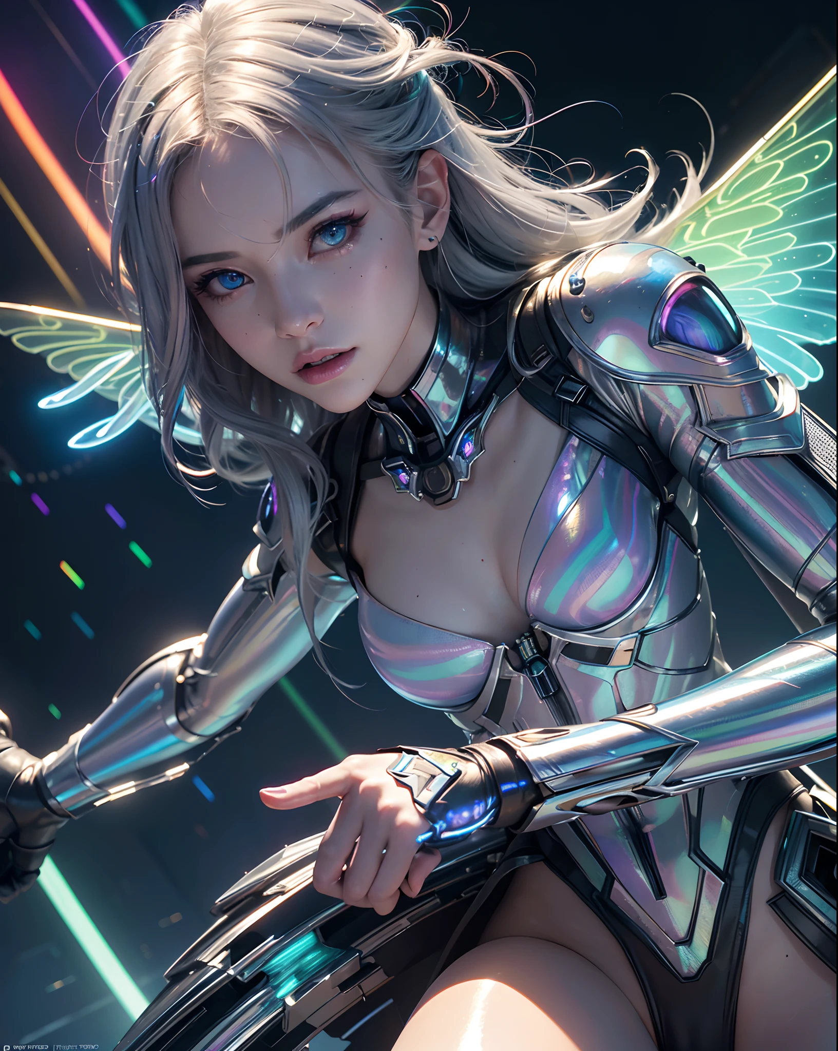 Rainbow Mechanical Girl
Mechanical body,metal body,reflective surfaces,holographic projectors
Character themes,female android,beautiful detailed eyes,beautiful detailed lips,extremely detailed face,longeyelashes,silver hair,glowing neon lights,fantasy outfit,empowered posture
Material,concept art,3D rendering,metallic sheen,shiny surface,vibrant colors
Additional details,(mechanical wings:1.3),glowing circuit patterns,rainbow-colored energy flowing through her body,digital butterflies fluttering around her,floating in mid-air,energetic movements
Image quality,(best quality,4k,8k,highres,masterpiece:1.2),ultra-detailed,(realistic,photorealistic,photo-realistic:1.37),HDR,UHD,studio lighting,ultra-fine painting,sharp focus,physically-based rendering,extreme detail description,professional,vivid colors,bokeh
Art style,concept art,sci-fi,anime
Color tones,iridescent,rainbow hues,neon colors,futuristic color palette
lamplight,dynamic light sources,soft glow,subtle shadows,light beams,electric light effects