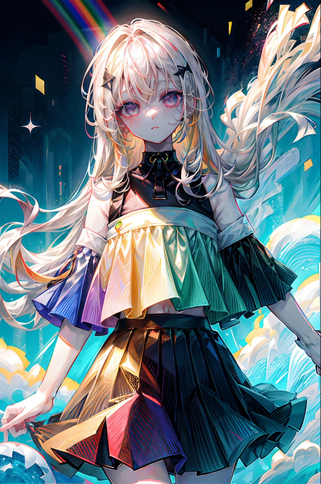 Rainbow on background、Irridescent color、colourfull、top-quality、超A high resolution、(Photorealsitic:1.4)、Female 1 Person、Sleeveless white buttoned shirt、Black skirt、Black Choker、cute little、(Kpop Idle)、(attractiveness:1)、(Platinum Blonde Hair:1)、((Puffy eyes))、Look at the viewer、full body Esbian、Facing the front