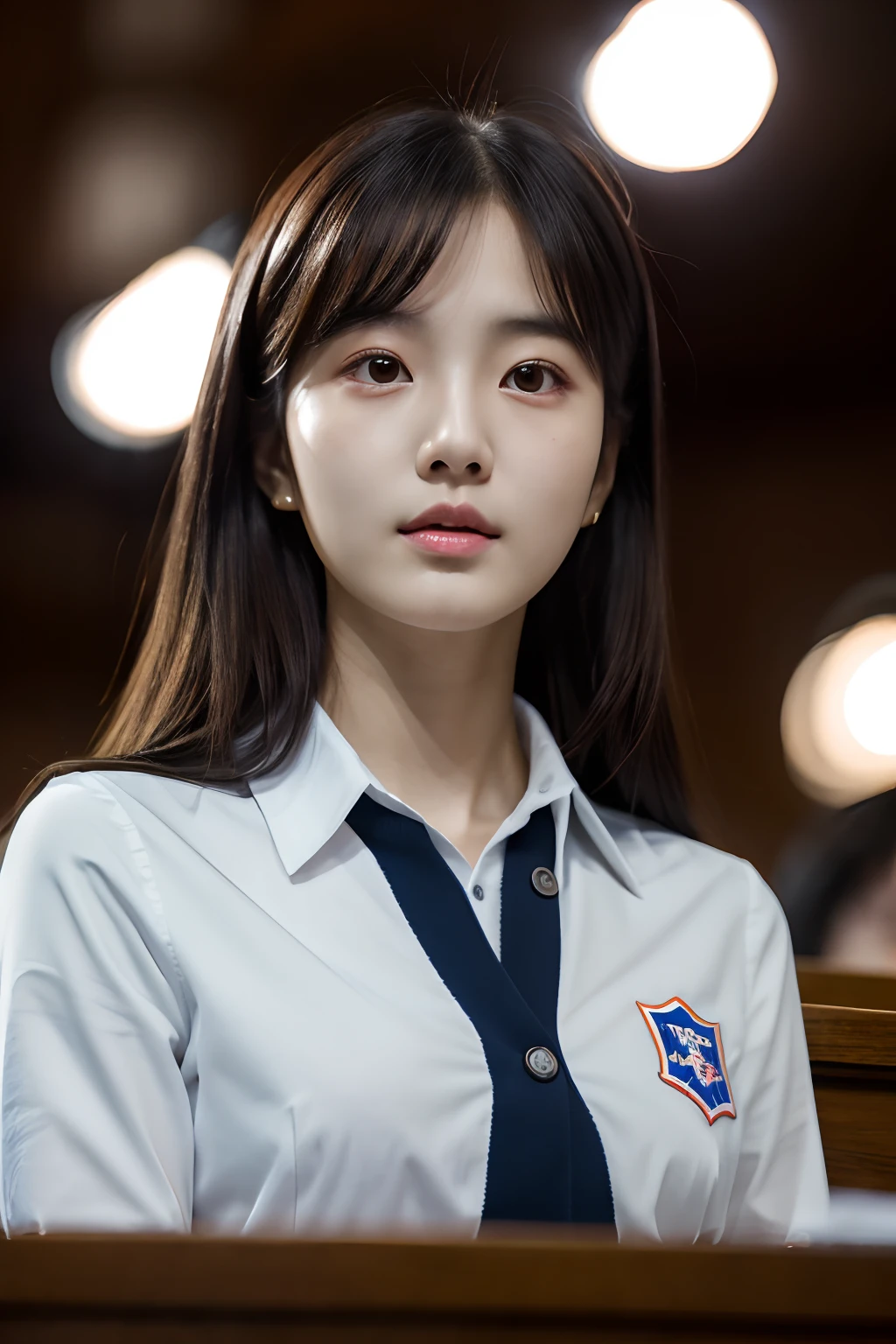 4k, high-res, best quality, (Korean idol), finely detailed skin, smooth face, sharp focus, (cinematic lighting), soft lighting, dynamic angle, [:(detailed face:1.2):0.3], A young Korean woman attends a university lecture in a preppy uniform