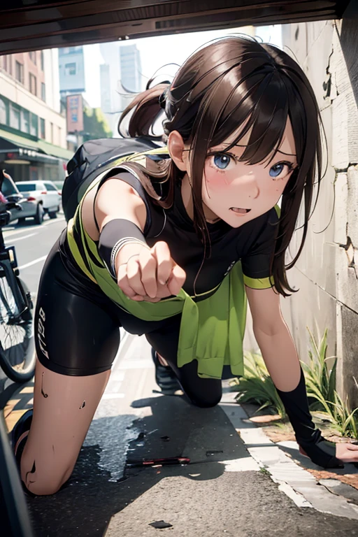(8K), (Best Quality), (masutepiece: 1.2) Cute woman in a bicycle accident Crash into a wall Fall (terrified expression)