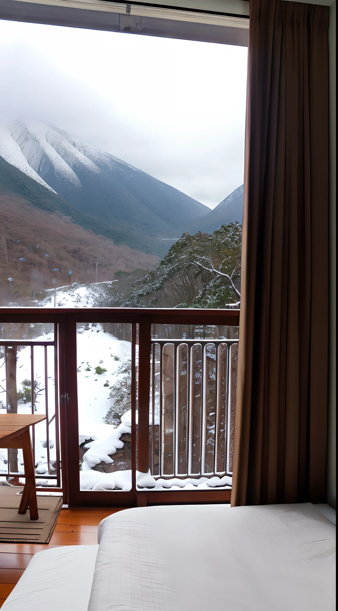 Quarto com cama vista para uma montanha e e muita Neve, mountainous jungle setting, jungle setting, nublado com muita chuva lareira