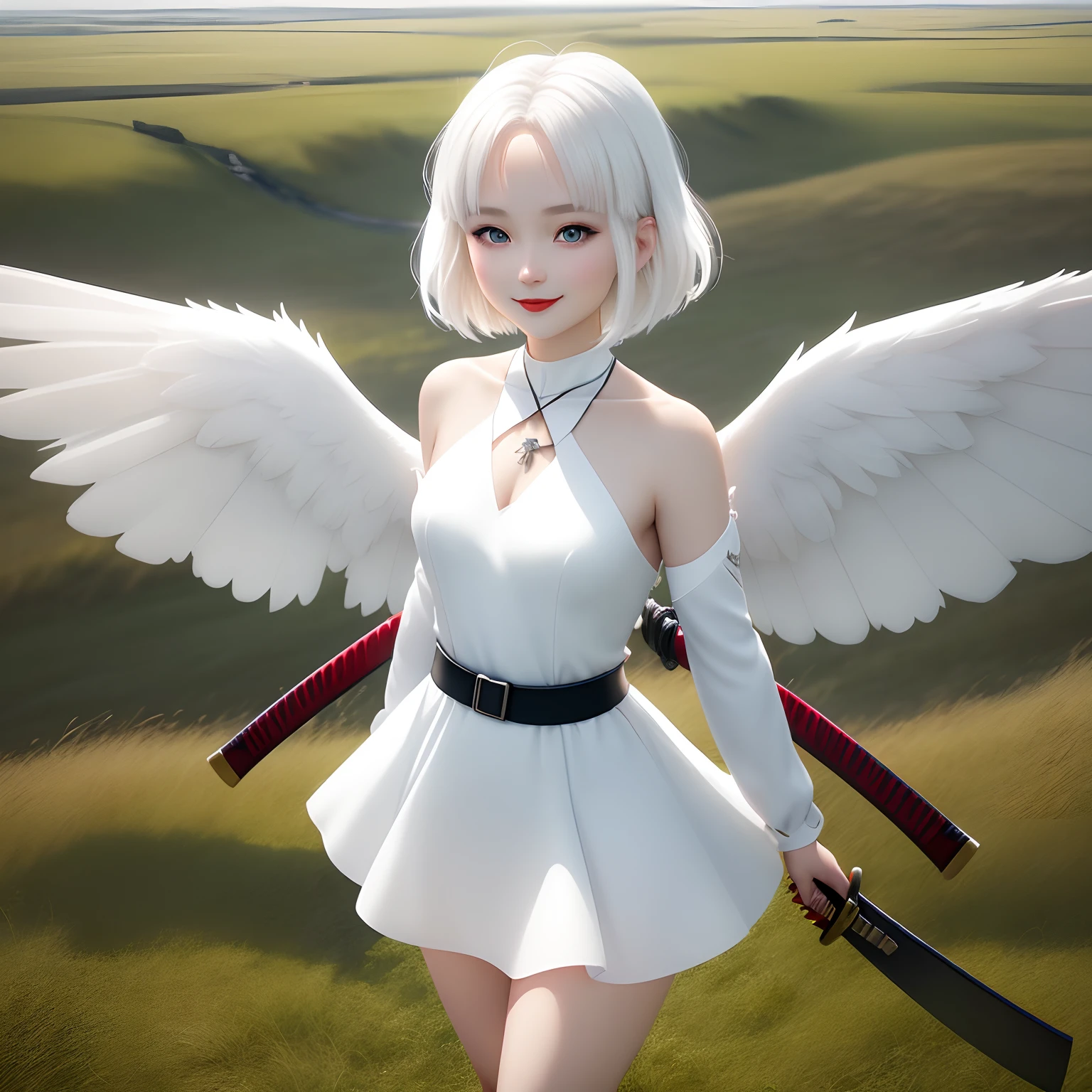 Anime character, girl, beautiful short shoulder length hair, white dress, wearing a thigh length dress, long sleeved dress, white hair, beautiful face, light blue eyes, 8k resolution, HD quality, very detailed body parts, full body, standing pose, smiling sweetly,Holds a glowing katana, black belt, Black necklace, Has glowing white wings detailed, red lips, grassland background,HDR resolution, cinematography shot