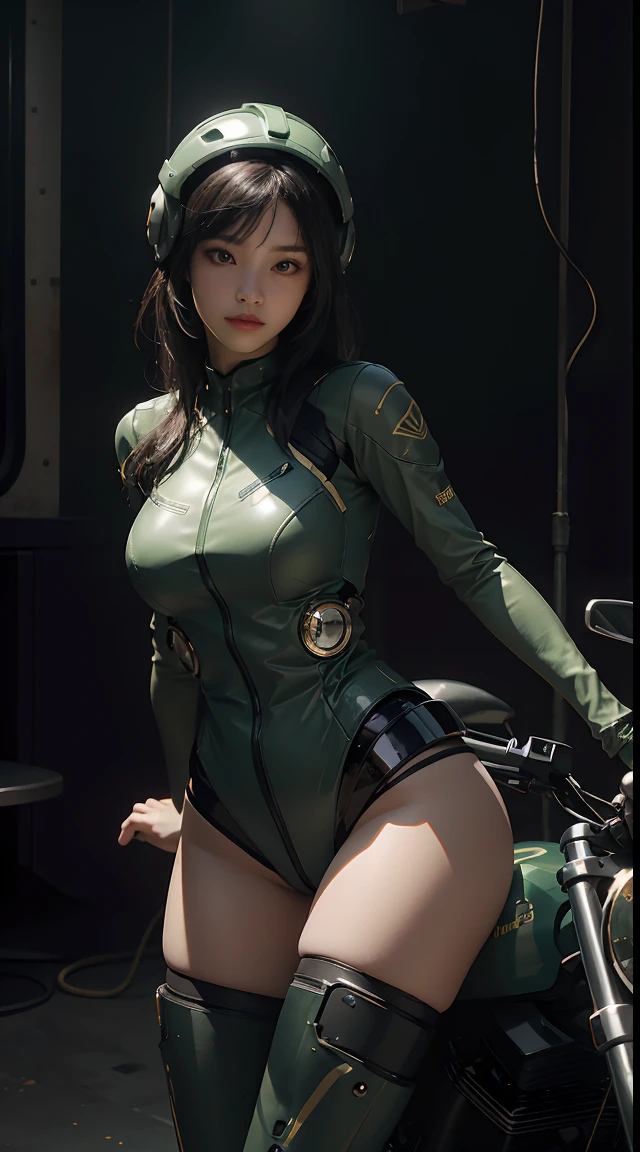 Highest image quality, outstanding details, ultra-high resolution, (realism: 1.4), the best illustration, favor details, highly condensed 1girl, with a delicate and beautiful face, dressed in a black and green mecha, wearing a mecha helmet, holding a directional controller, riding on a motorcycle, the background is a high-tech lighting scene of the future city.